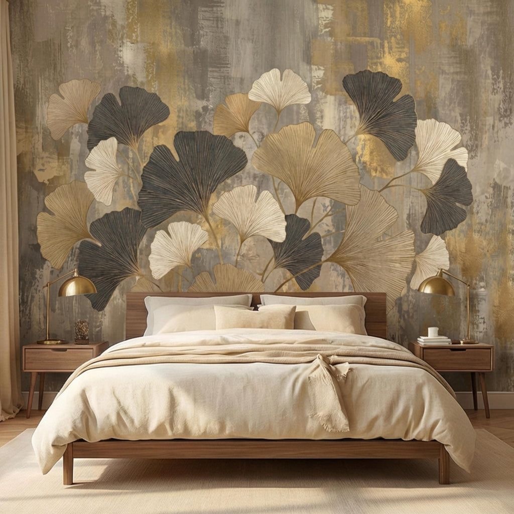 Modern Gold Ginkgo Leaves Peel and Stick Wall Mural, Neutral Abstract Botanical Wallpaper, Luxury Beige and Black Floral Wall Decor