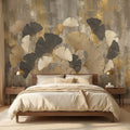 Modern Gold Ginkgo Leaves Peel and Stick Wall Mural, Neutral Abstract Botanical Wallpaper, Luxury Beige and Black Floral Wall Decor