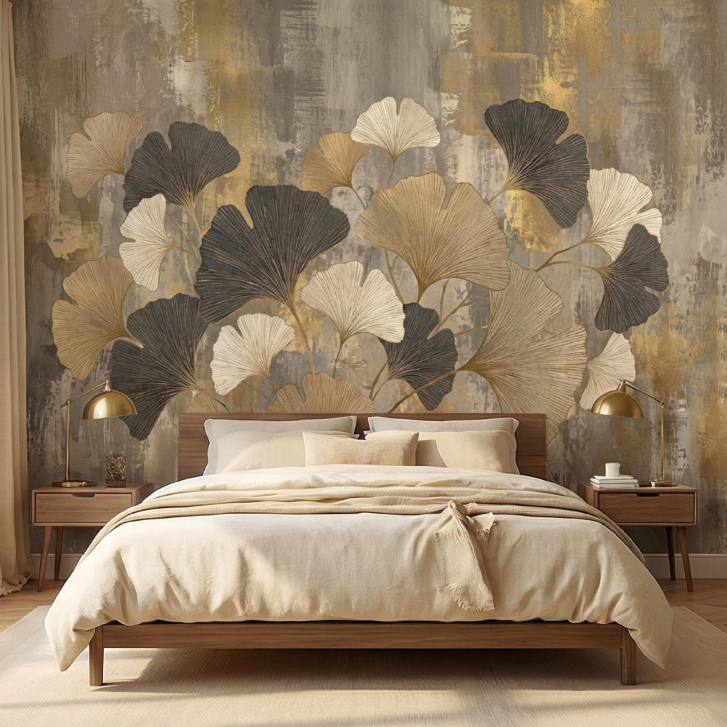 Modern Gold Ginkgo Leaves Peel and Stick Wall Mural, Neutral Abstract Botanical Wallpaper, Luxury Beige and Black Floral Wall Decor