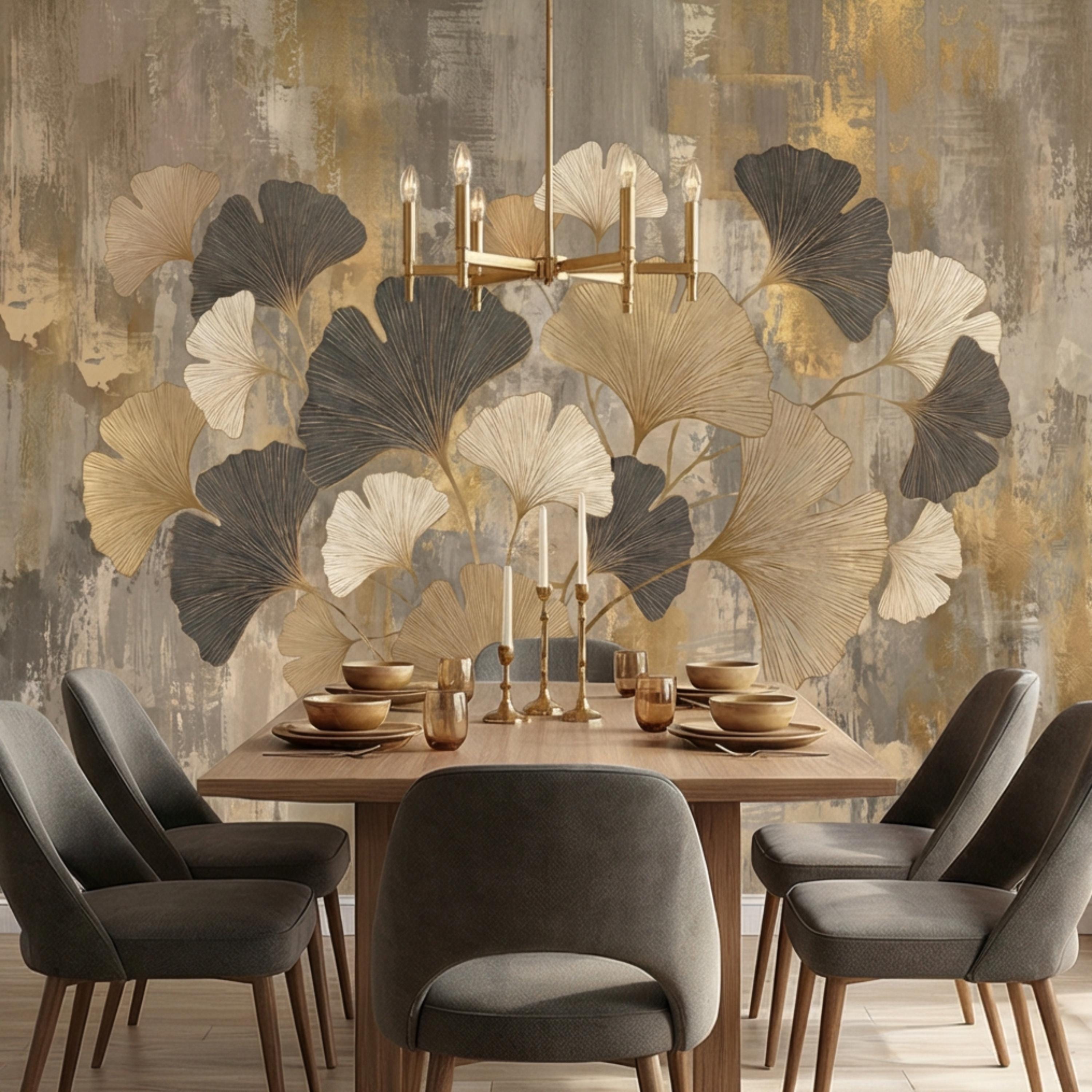 Modern Gold Ginkgo Leaves Peel and Stick Wall Mural, Neutral Abstract Botanical Wallpaper, Luxury Beige and Black Floral Wall Decor
