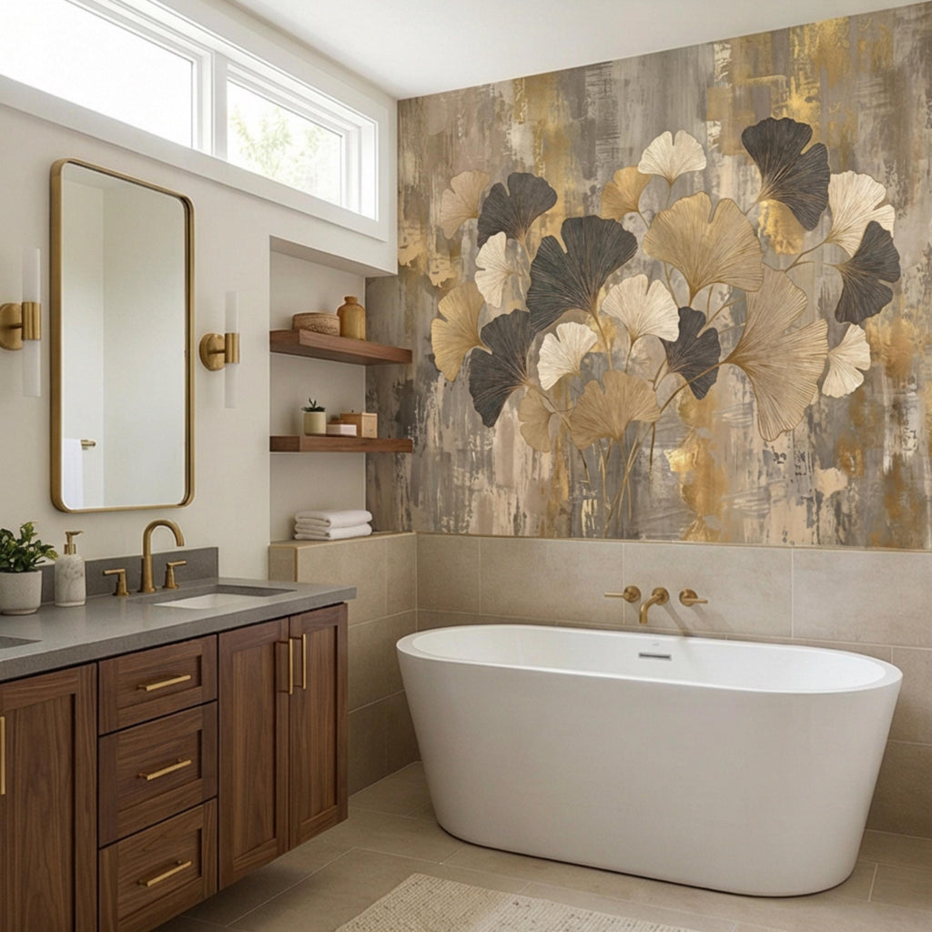 Modern Gold Ginkgo Leaves Peel and Stick Wall Mural, Neutral Abstract Botanical Wallpaper, Luxury Beige and Black Floral Wall Decor