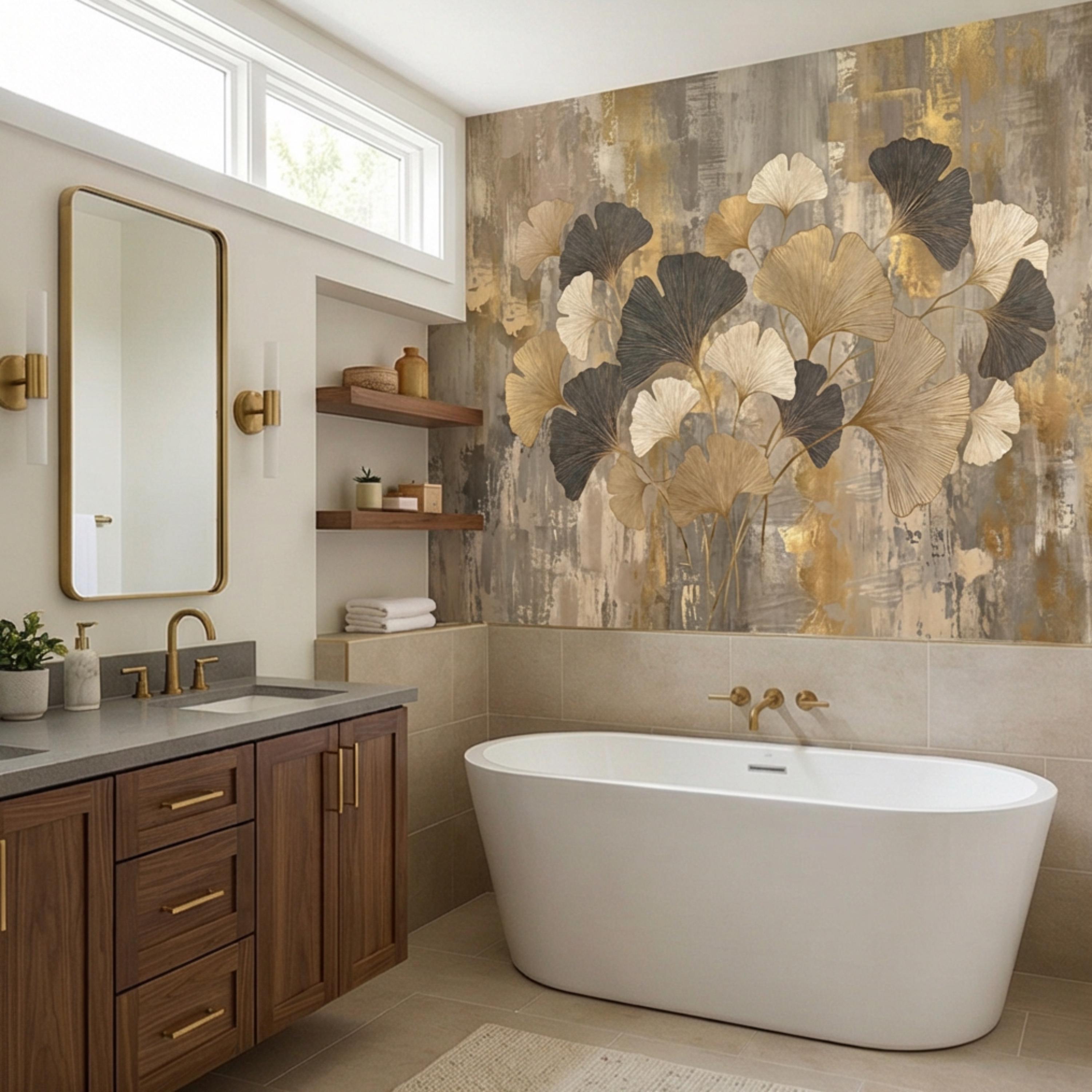 Modern Gold Ginkgo Leaves Peel and Stick Wall Mural, Neutral Abstract Botanical Wallpaper, Luxury Beige and Black Floral Wall Decor