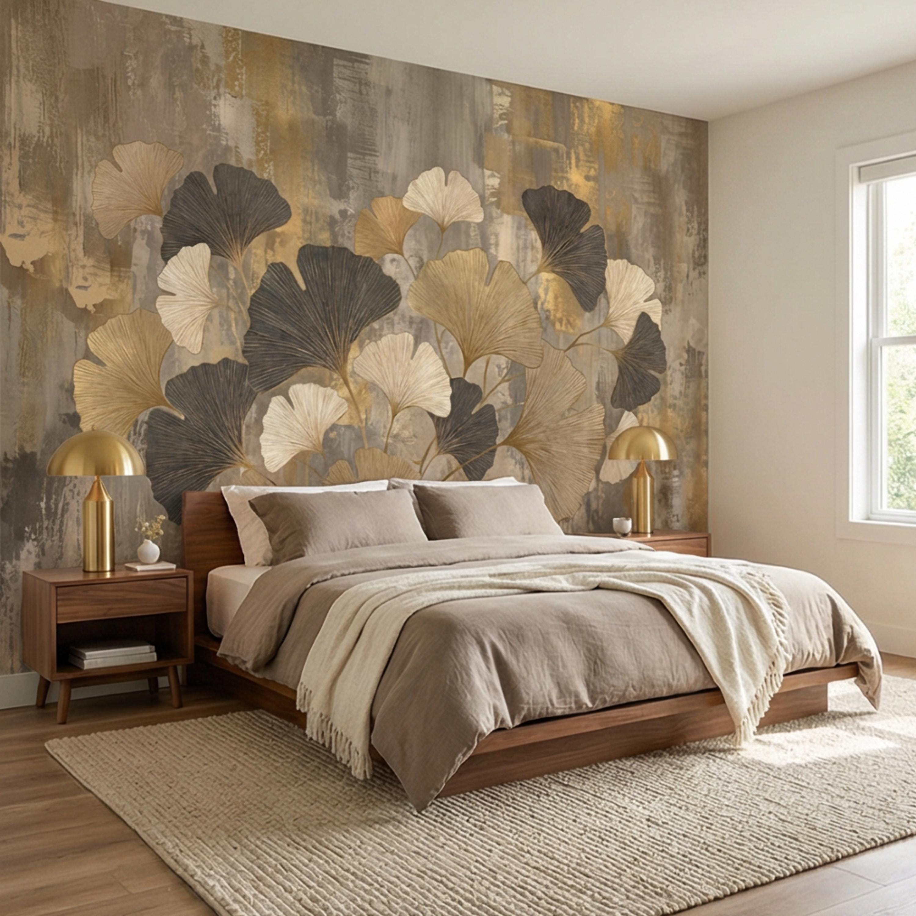Modern Gold Ginkgo Leaves Peel and Stick Wall Mural, Neutral Abstract Botanical Wallpaper, Luxury Beige and Black Floral Wall Decor