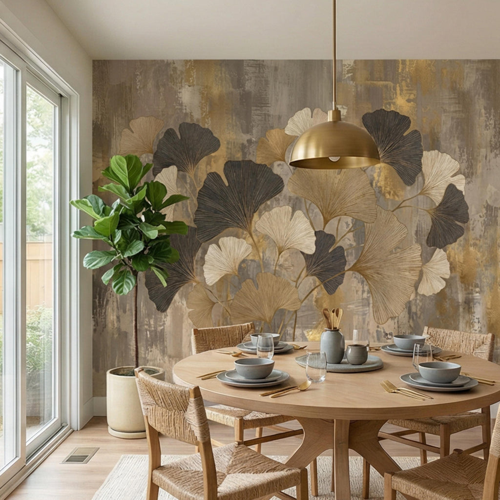 Modern Gold Ginkgo Leaves Peel and Stick Wall Mural, Neutral Abstract Botanical Wallpaper, Luxury Beige and Black Floral Wall Decor