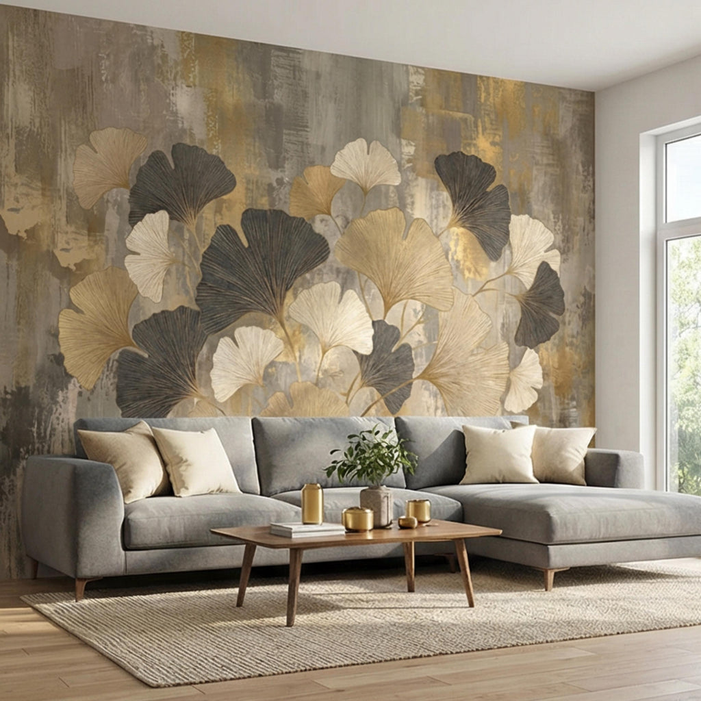 Modern Gold Ginkgo Leaves Peel and Stick Wall Mural, Neutral Abstract Botanical Wallpaper, Luxury Beige and Black Floral Wall Decor
