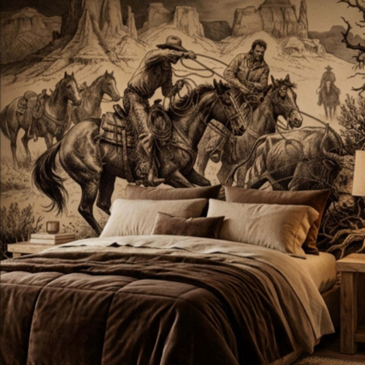 Western cowboy wall mural close-up with rider, horses, and sepia desert engraving details