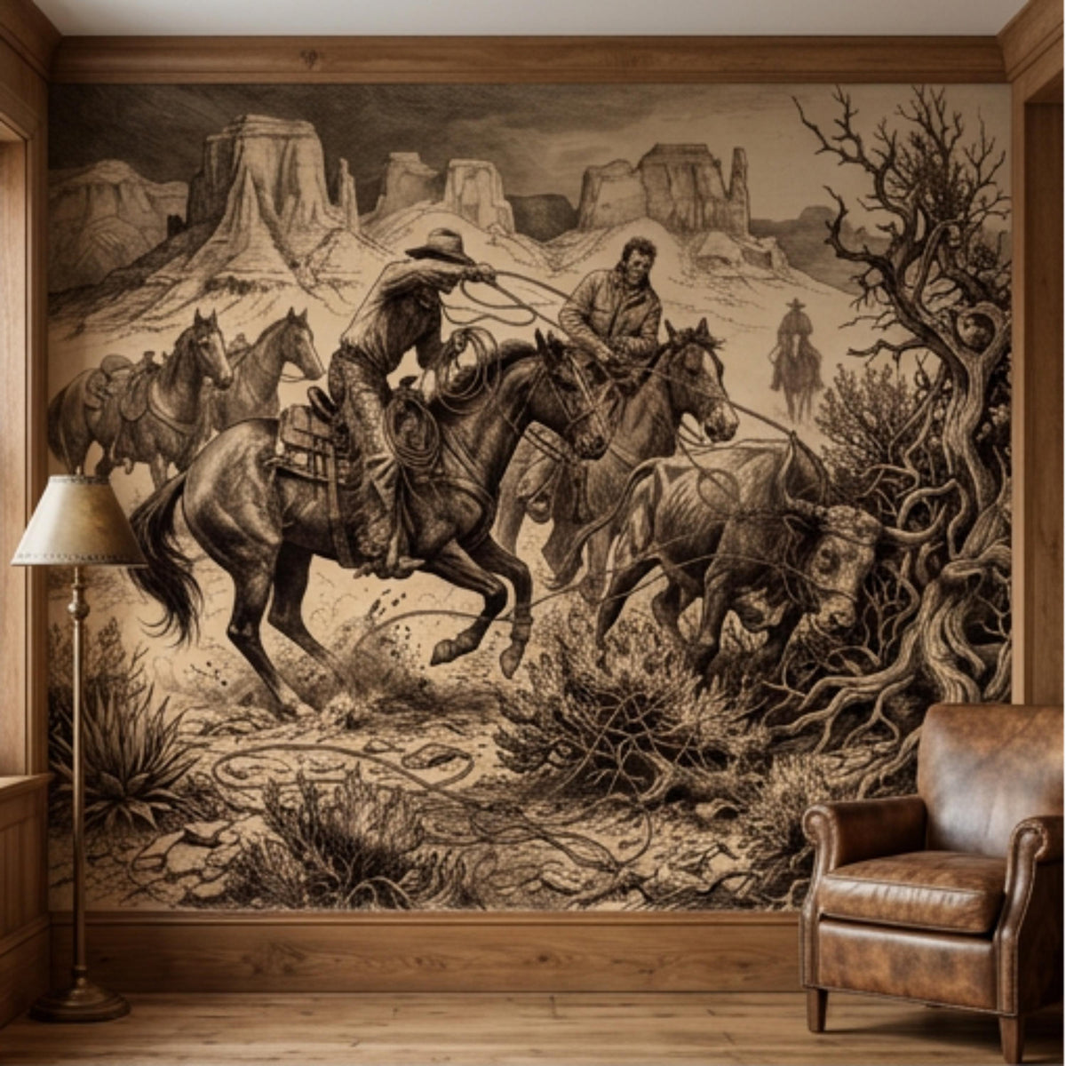 Western cowboy wall mural with horse riders, cattle, and rocky desert engraving scene
