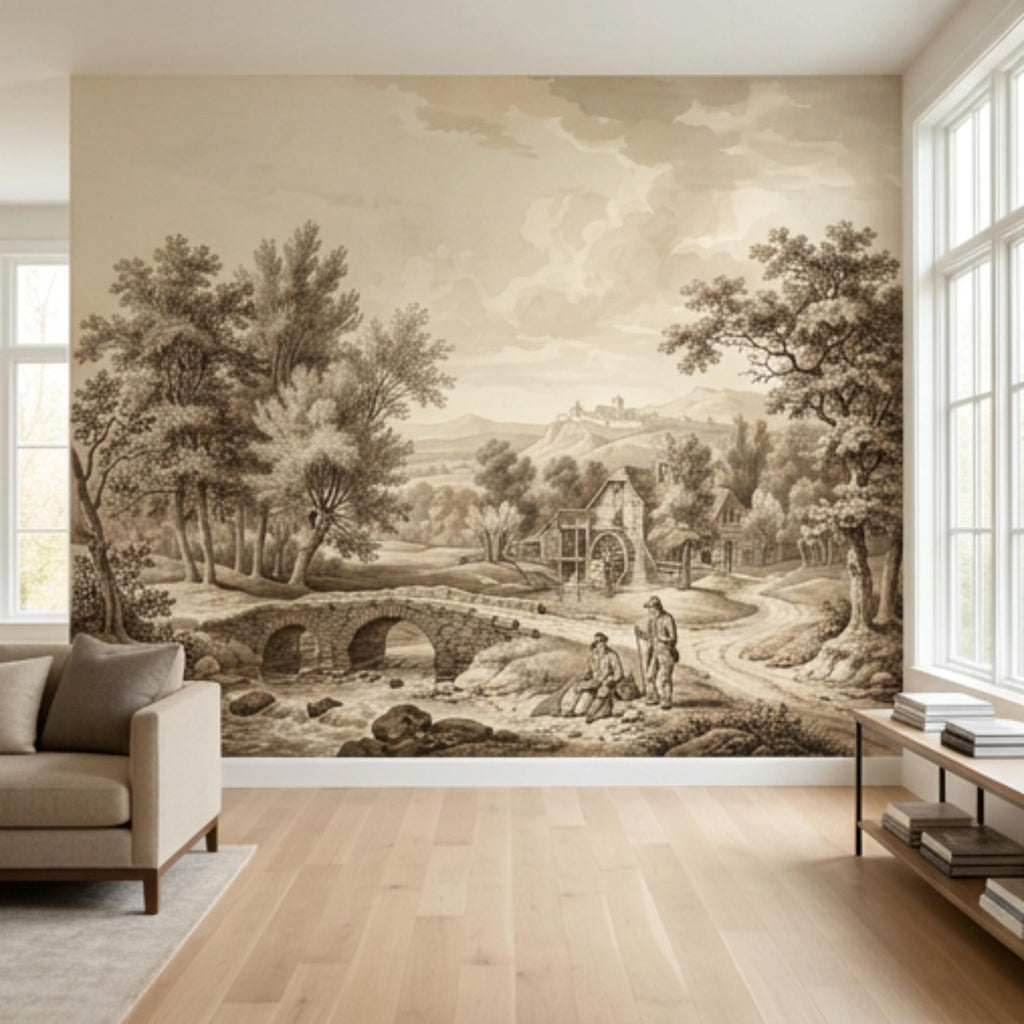 Vintage European Countryside Engraving Peel and Stick Wall Mural, Antique Pastoral River Bridge Landscape, Old World Rustic Wallpaper