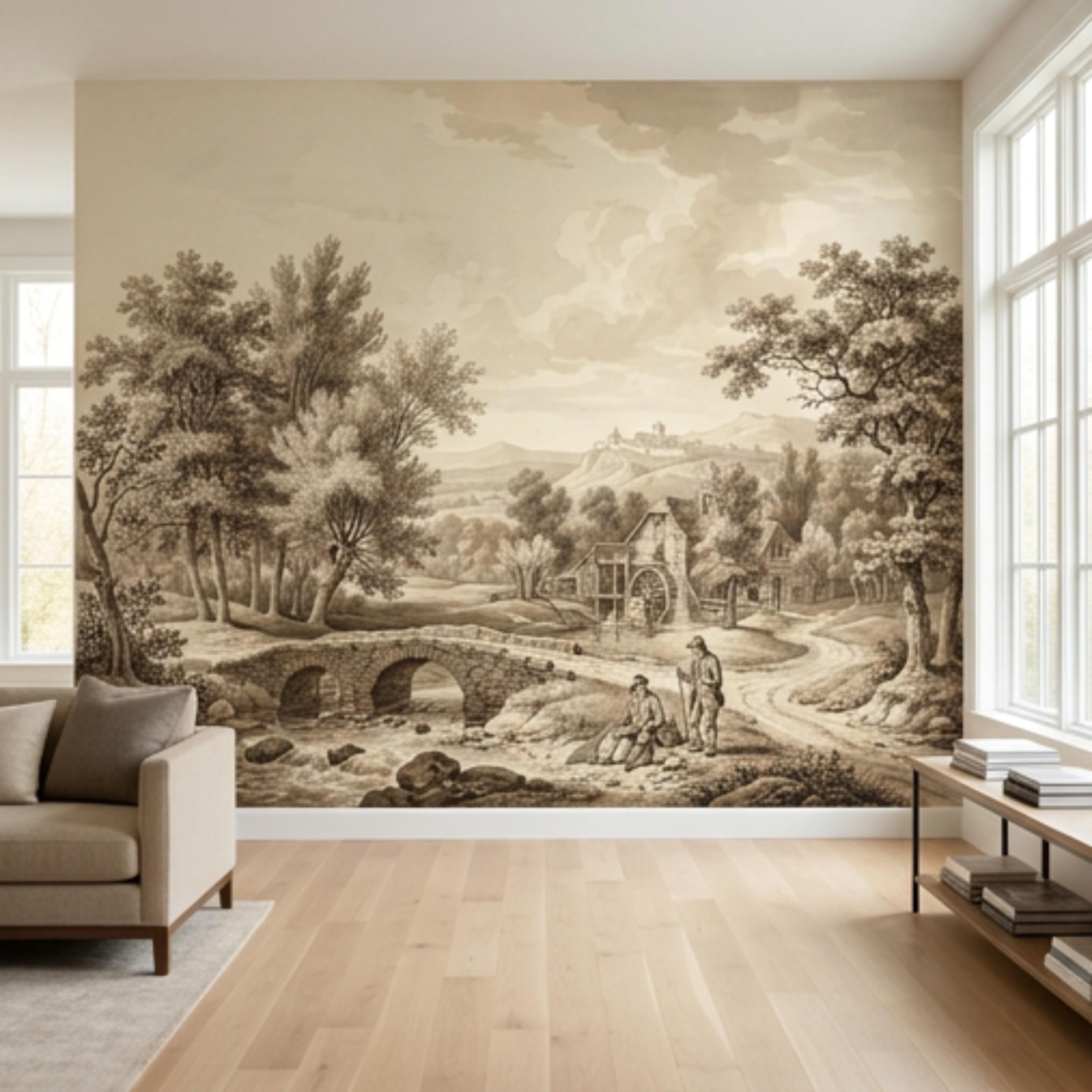 Vintage European Countryside Engraving Peel and Stick Wall Mural, Antique Pastoral River Bridge Landscape, Old World Rustic Wallpaper