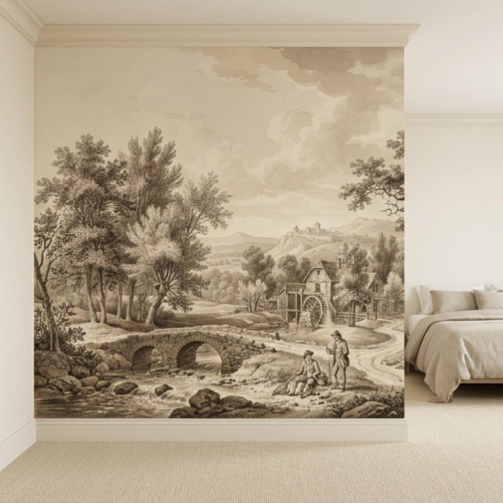 Vintage European Countryside Engraving Peel and Stick Wall Mural, Antique Pastoral River Bridge Landscape, Old World Rustic Wallpaper