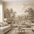 Vintage European Countryside Engraving Peel and Stick Wall Mural, Antique Pastoral River Bridge Landscape, Old World Rustic Wallpaper