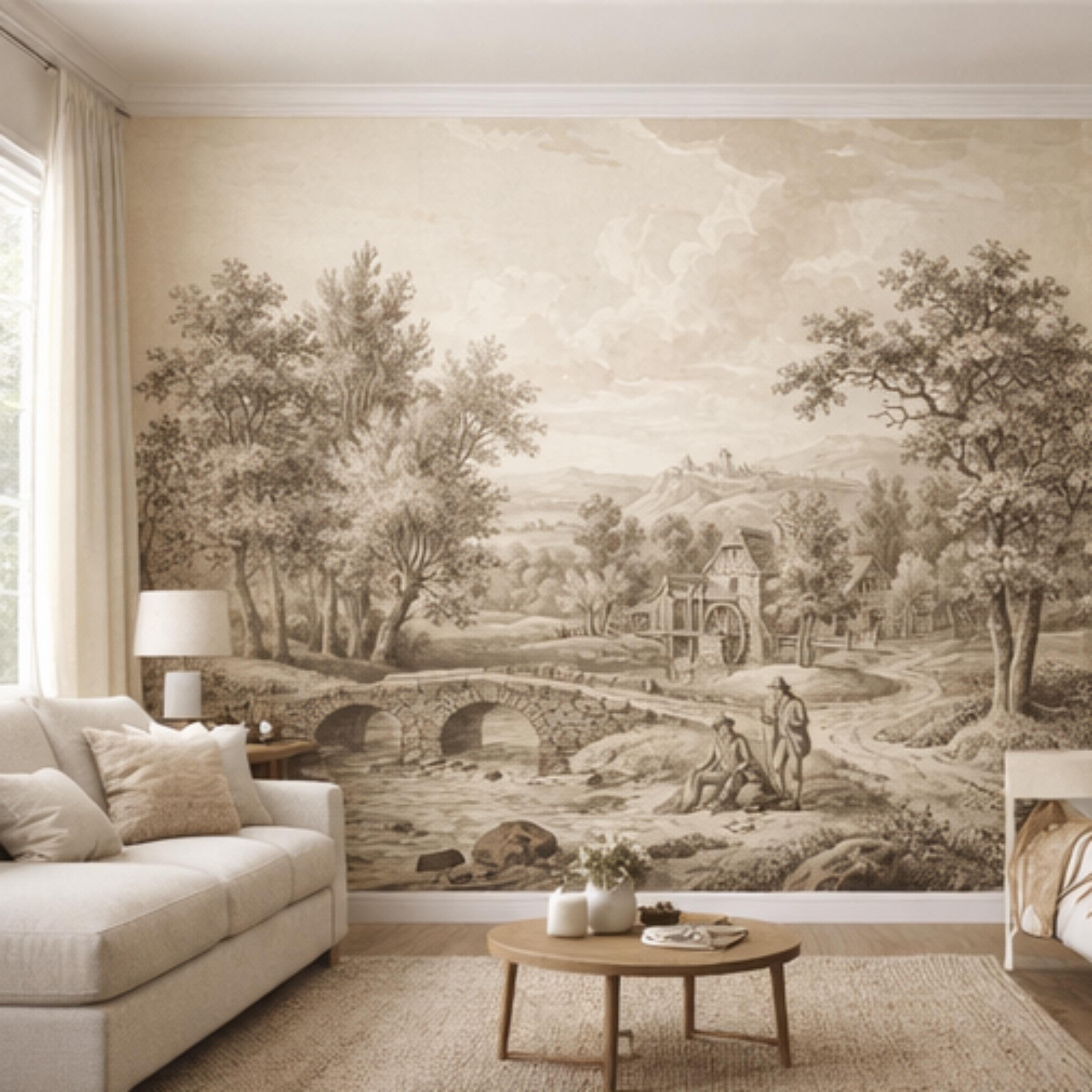 Vintage European Countryside Engraving Peel and Stick Wall Mural, Antique Pastoral River Bridge Landscape, Old World Rustic Wallpaper