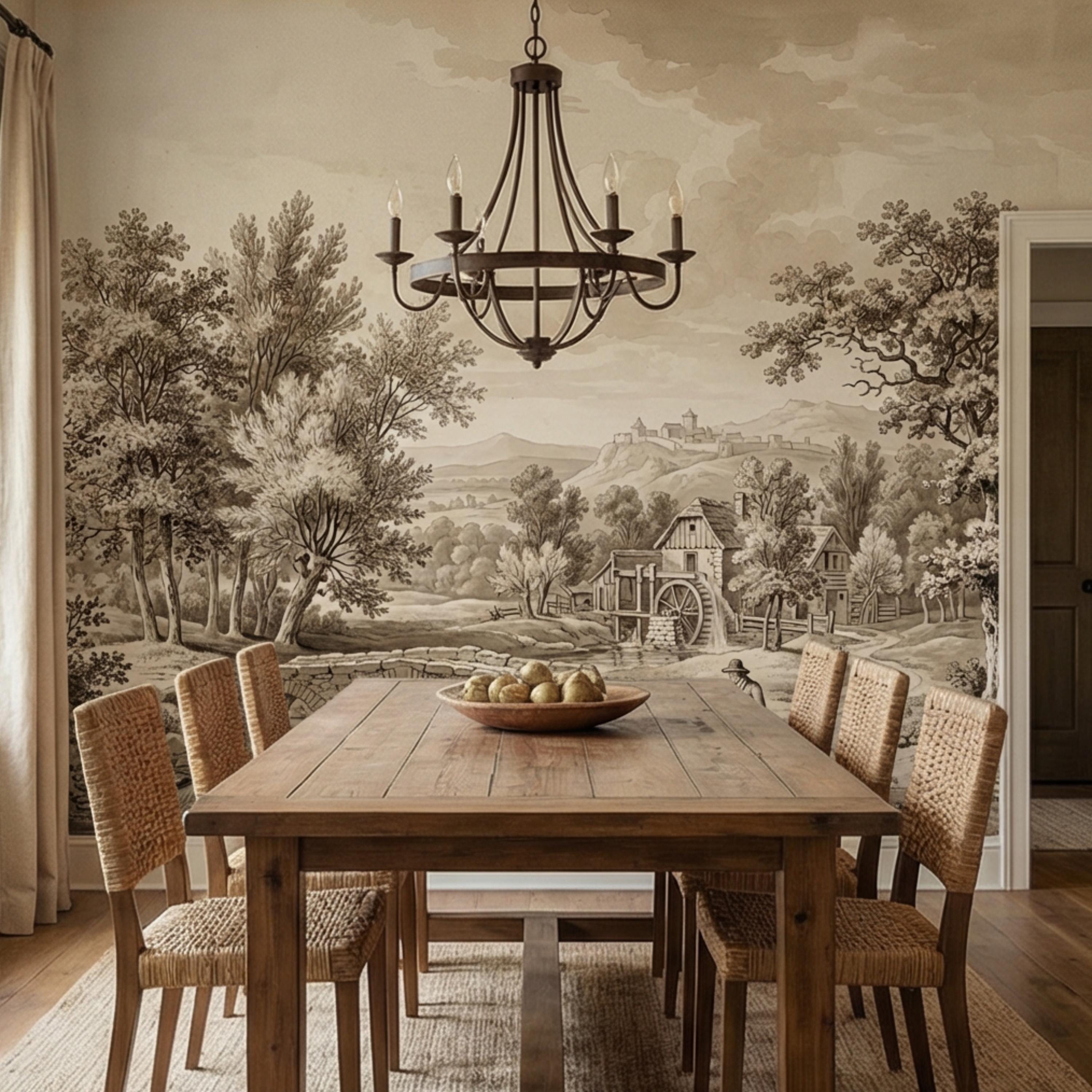 Vintage European Countryside Engraving Peel and Stick Wall Mural, Antique Pastoral River Bridge Landscape, Old World Rustic Wallpaper