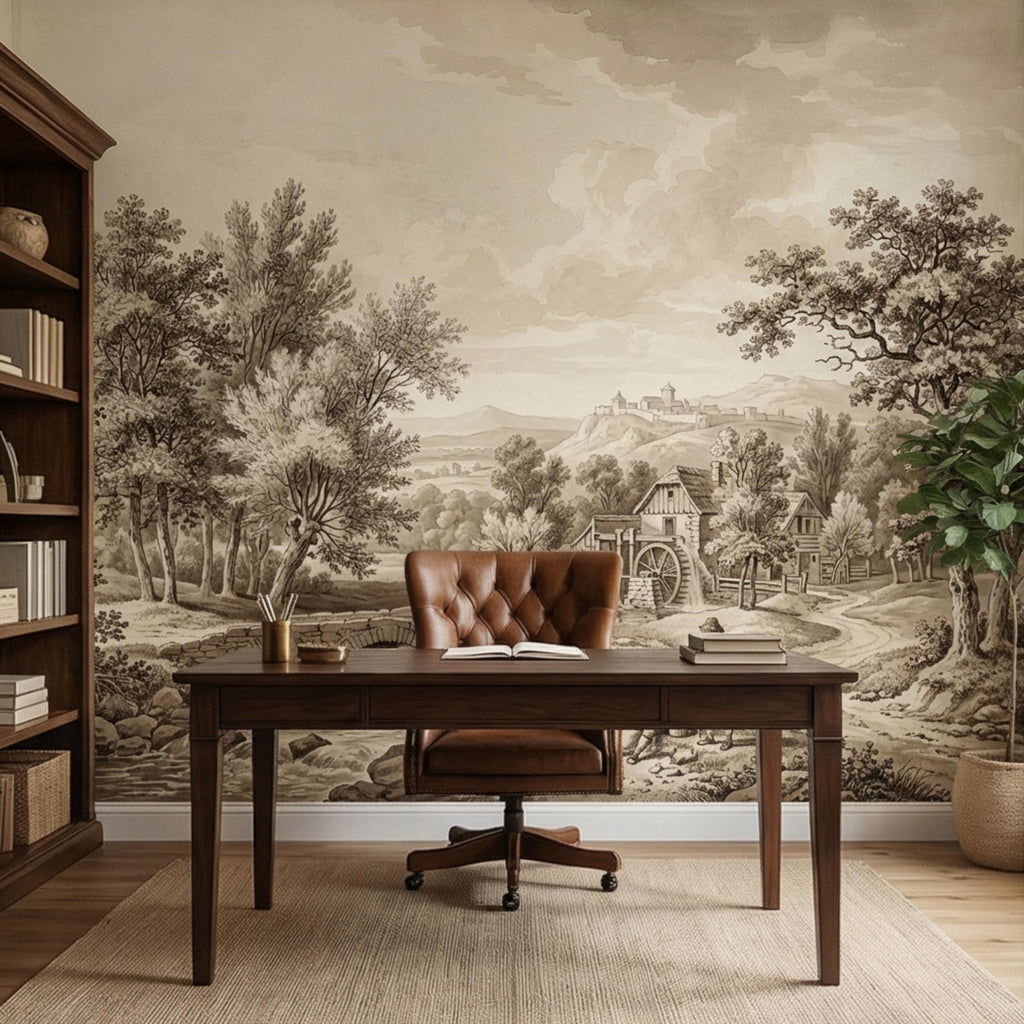 Vintage European Countryside Engraving Peel and Stick Wall Mural, Antique Pastoral River Bridge Landscape, Old World Rustic Wallpaper