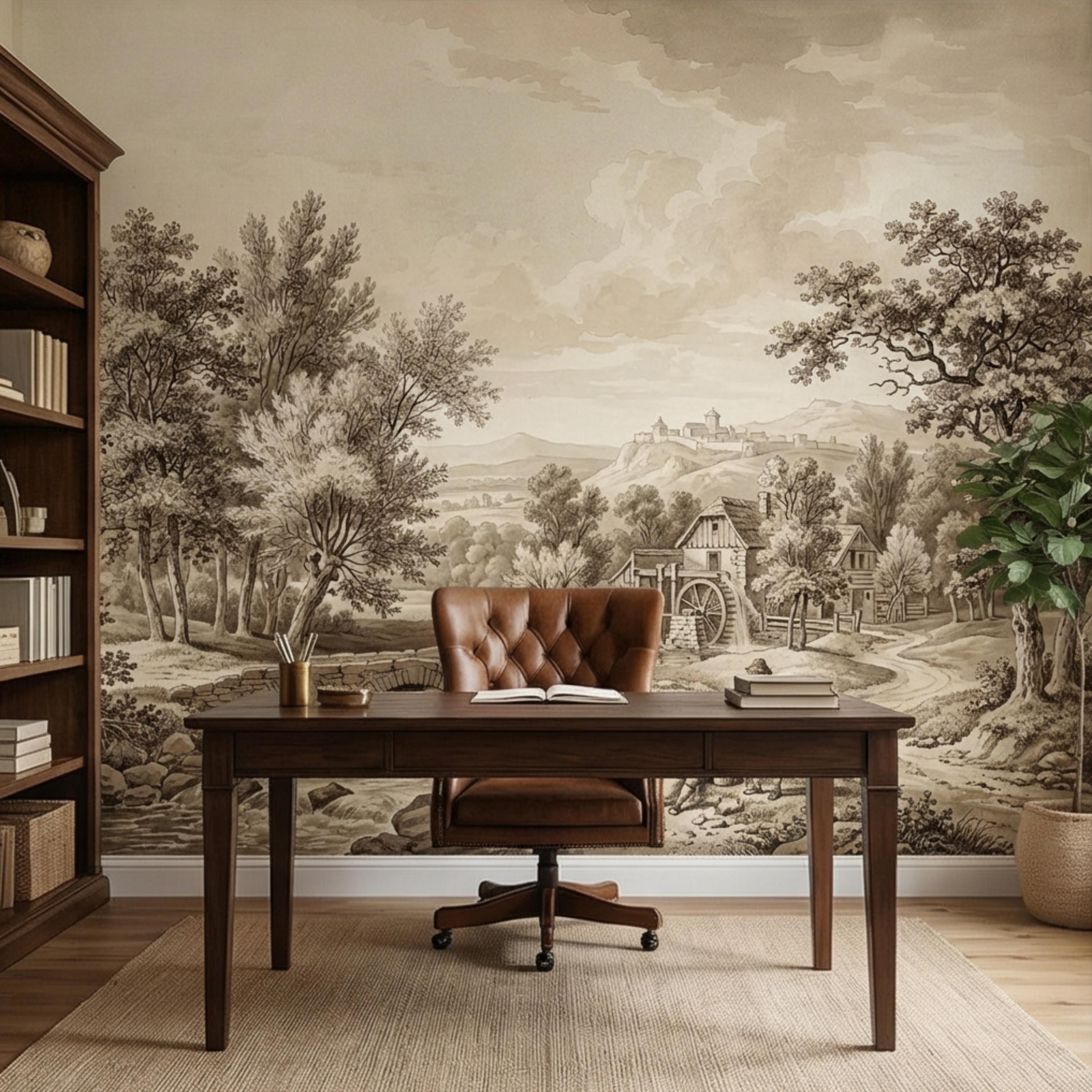 Vintage European Countryside Engraving Peel and Stick Wall Mural, Antique Pastoral River Bridge Landscape, Old World Rustic Wallpaper