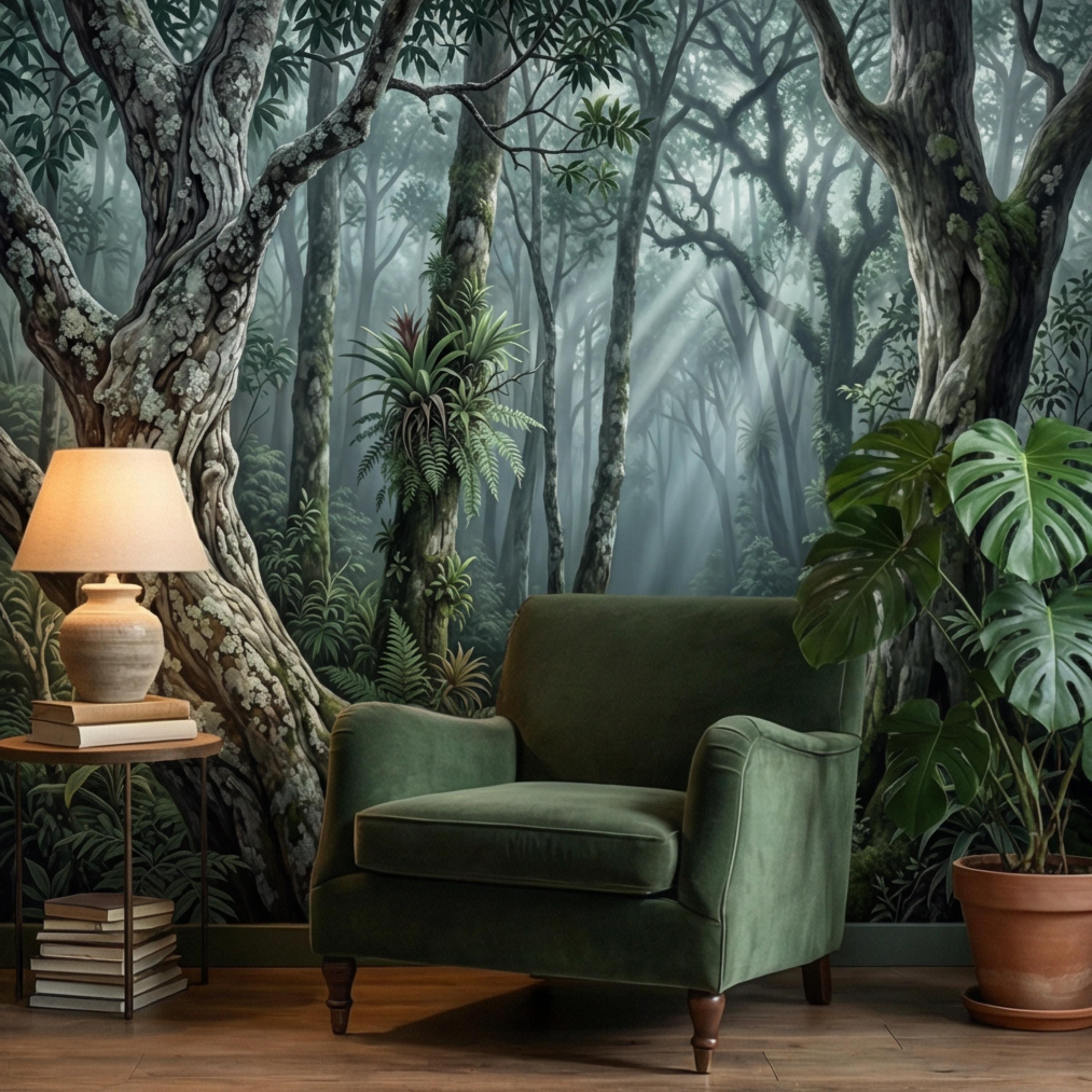 Enchanted Forest Peel and Stick Wall Mural, Moody Woodland Trees with Sun Rays, Lush Green Nature Landscape Wallpaper
