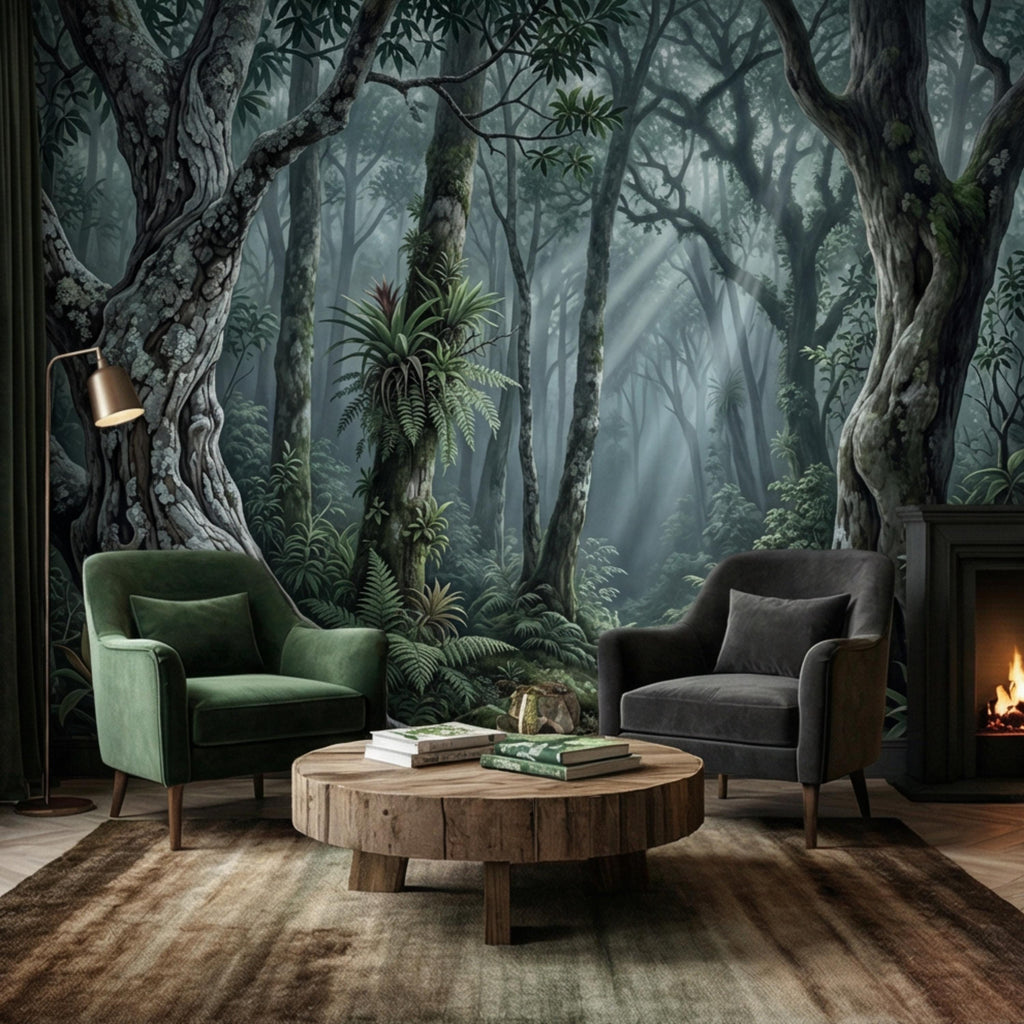 Enchanted Forest Peel and Stick Wall Mural, Moody Woodland Trees with Sun Rays, Lush Green Nature Landscape Wallpaper
