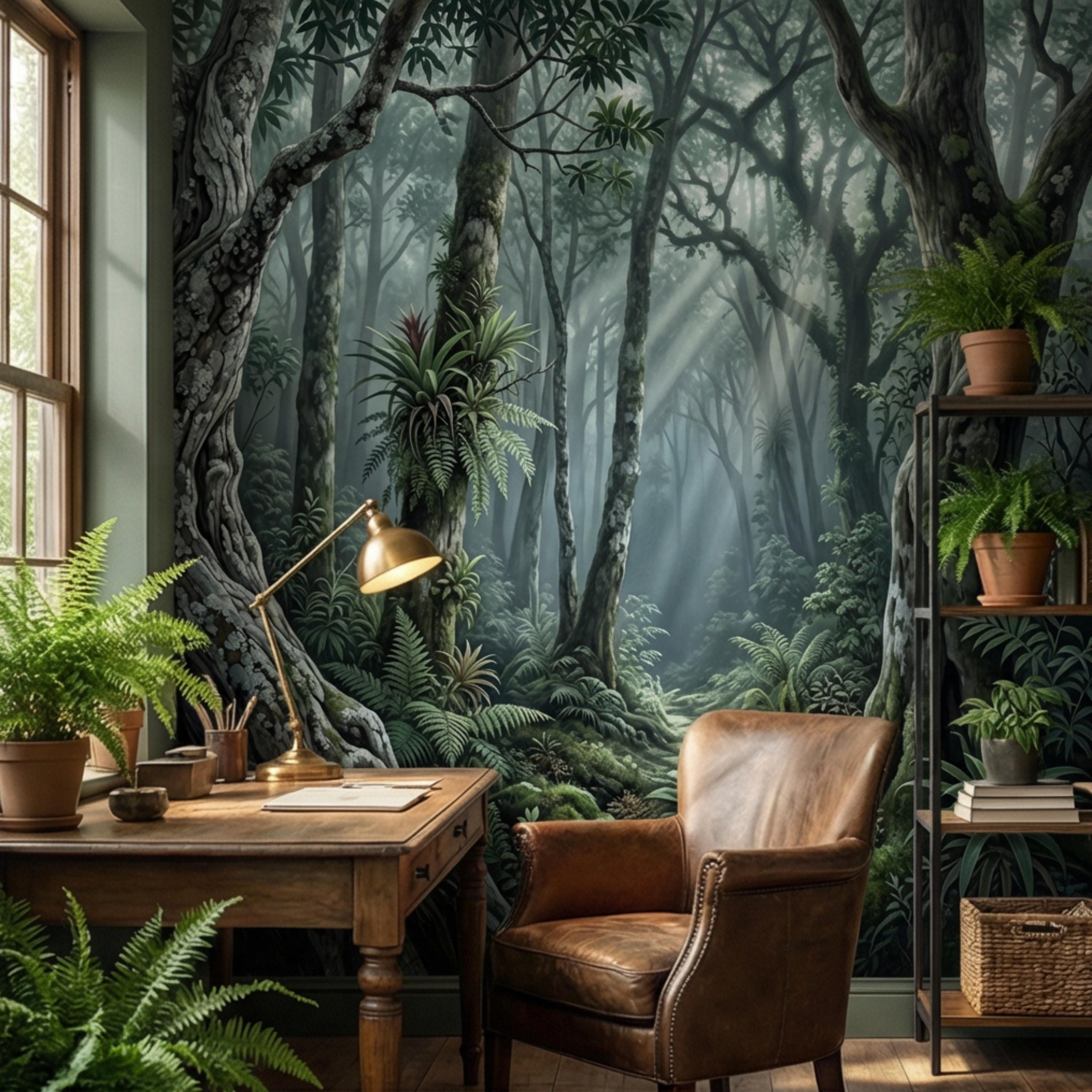 Enchanted Forest Peel and Stick Wall Mural, Moody Woodland Trees with Sun Rays, Lush Green Nature Landscape Wallpaper