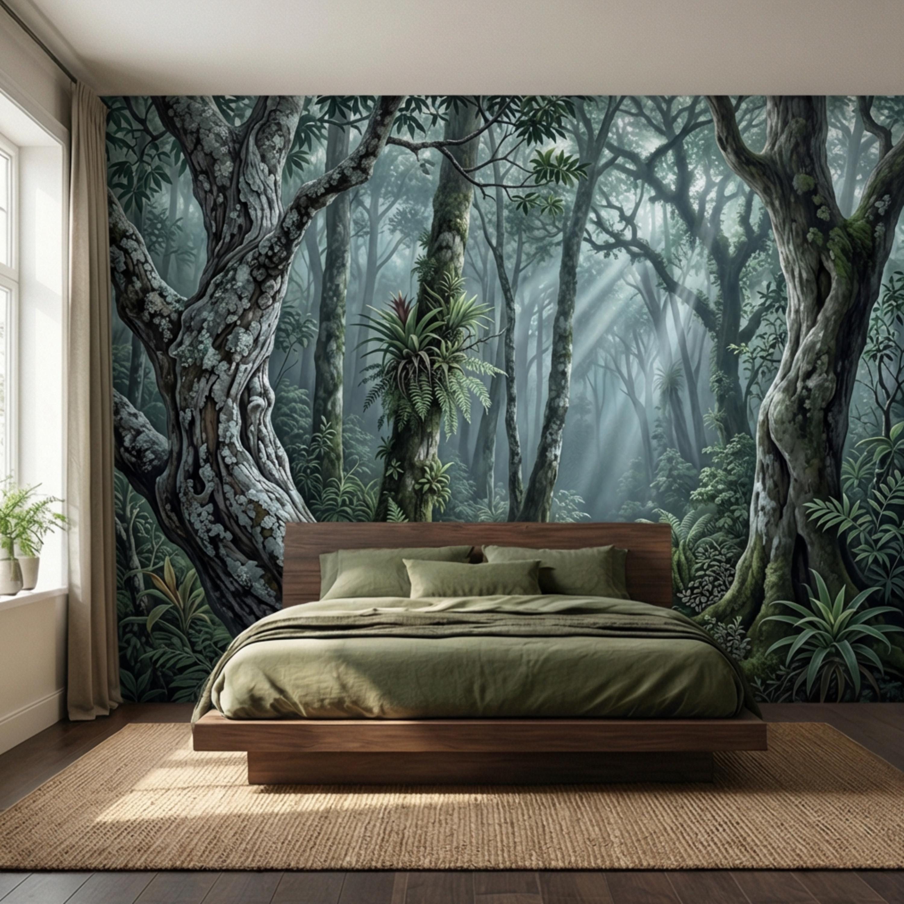 Enchanted Forest Peel and Stick Wall Mural, Moody Woodland Trees with Sun Rays, Lush Green Nature Landscape Wallpaper