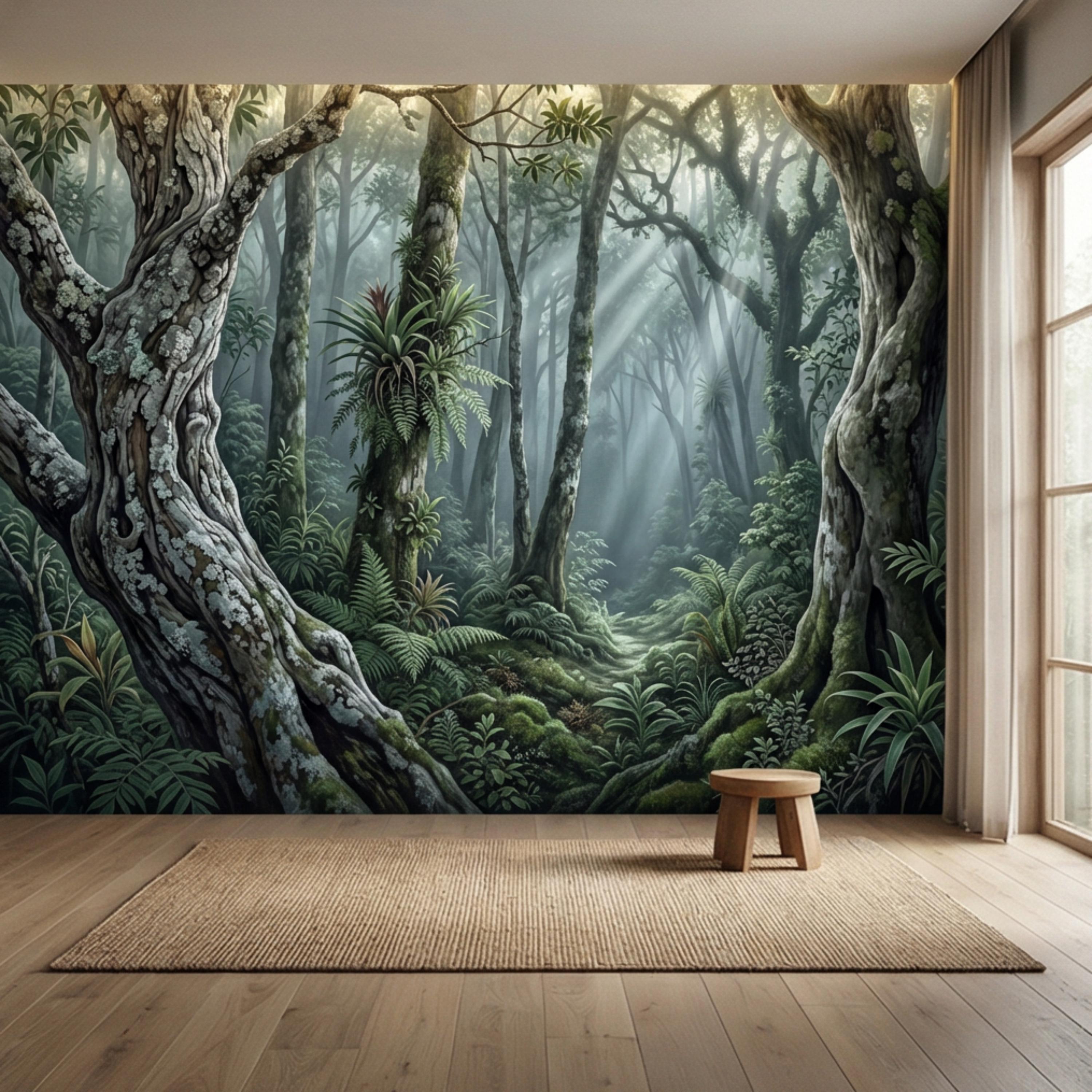 Enchanted Forest Peel and Stick Wall Mural, Moody Woodland Trees with Sun Rays, Lush Green Nature Landscape Wallpaper