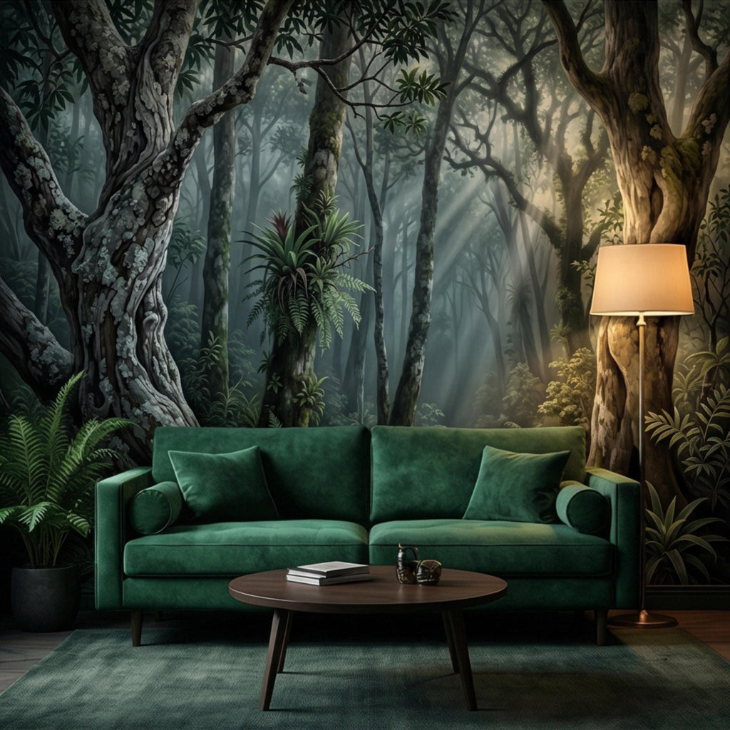 Enchanted Forest Peel and Stick Wall Mural, Moody Woodland Trees with Sun Rays, Lush Green Nature Landscape Wallpaper