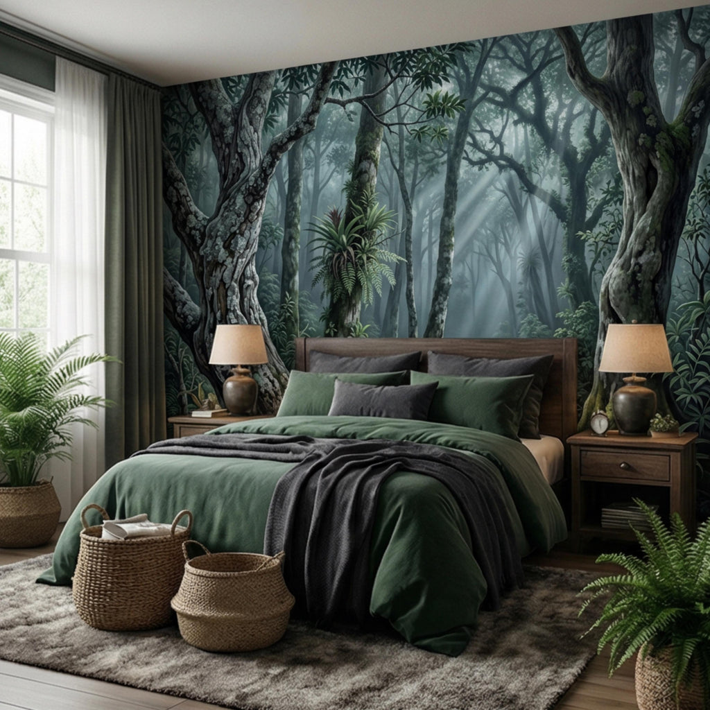 Enchanted Forest Peel and Stick Wall Mural, Moody Woodland Trees with Sun Rays, Lush Green Nature Landscape Wallpaper
