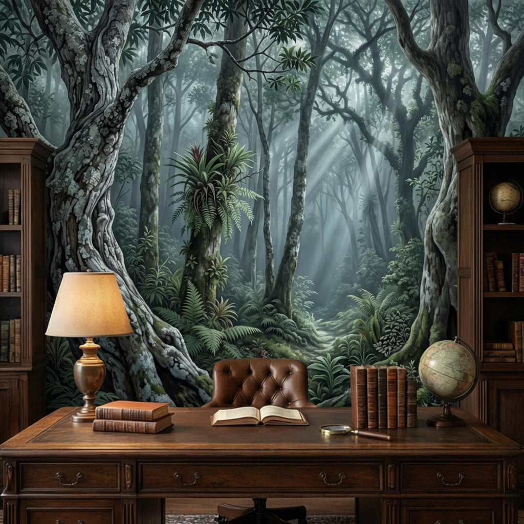 Enchanted Forest Peel and Stick Wall Mural, Moody Woodland Trees with Sun Rays, Lush Green Nature Landscape Wallpaper