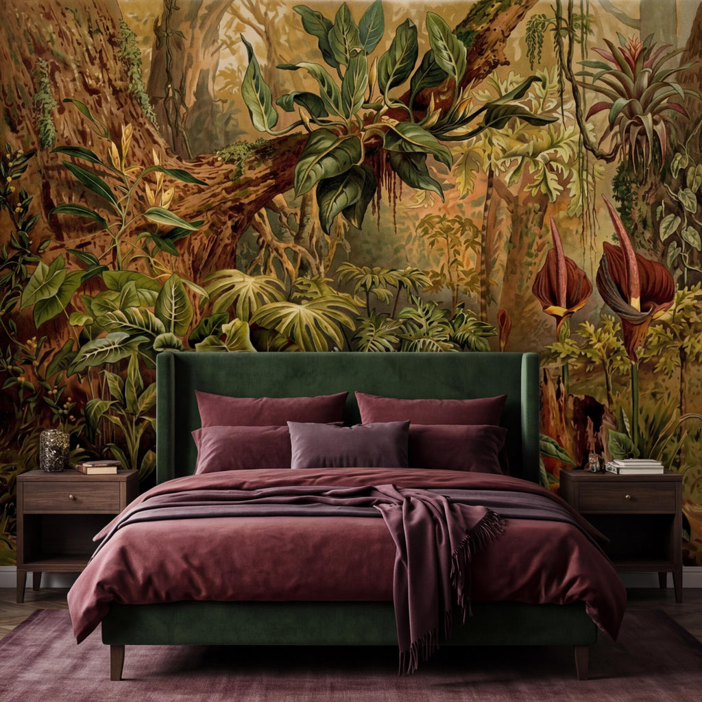 Vintage Tropical Jungle Peel and Stick Wall Mural, Lush Botanical Rainforest with Exotic Plants, Antique Style Nature Wallpaper