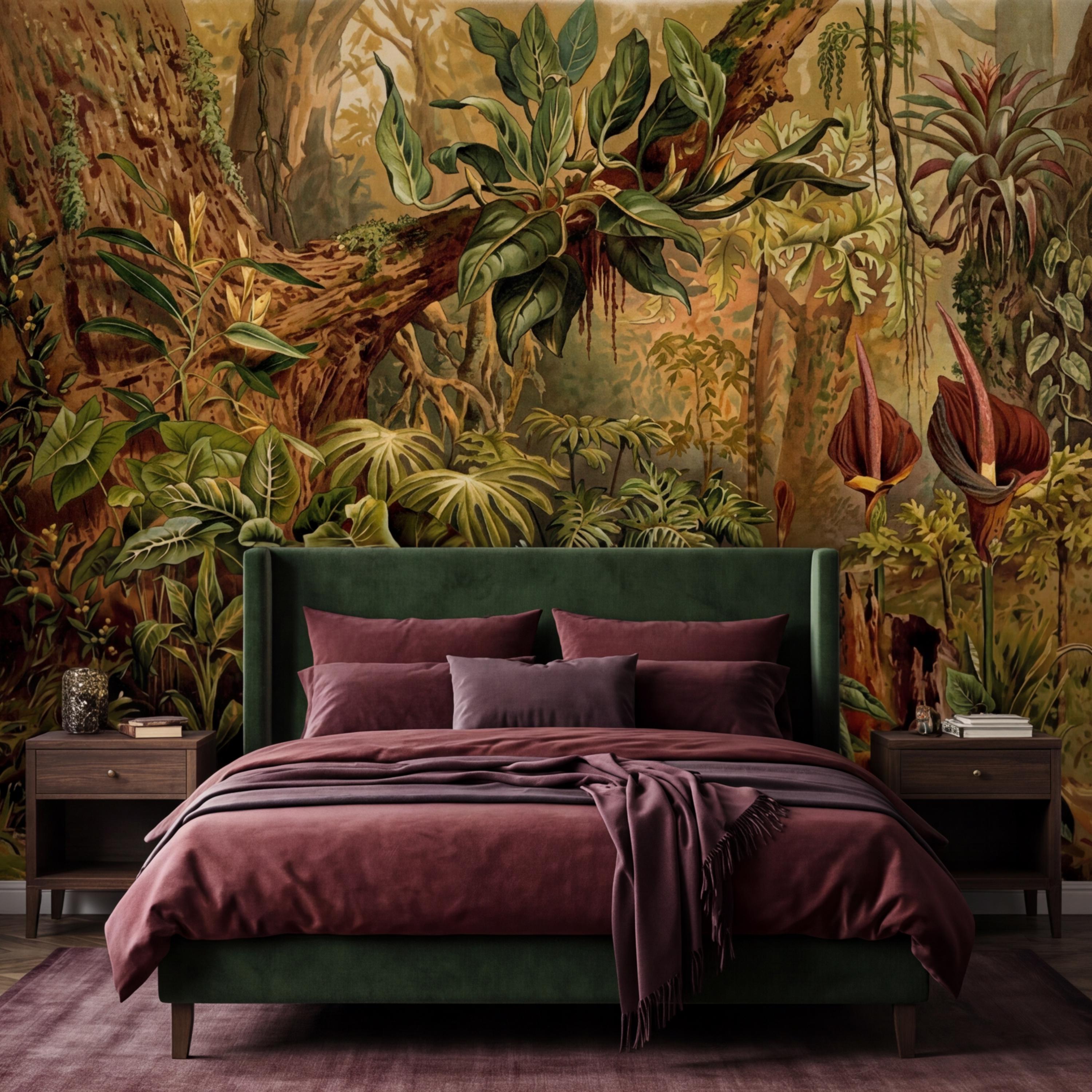 Vintage Tropical Jungle Peel and Stick Wall Mural, Lush Botanical Rainforest with Exotic Plants, Antique Style Nature Wallpaper