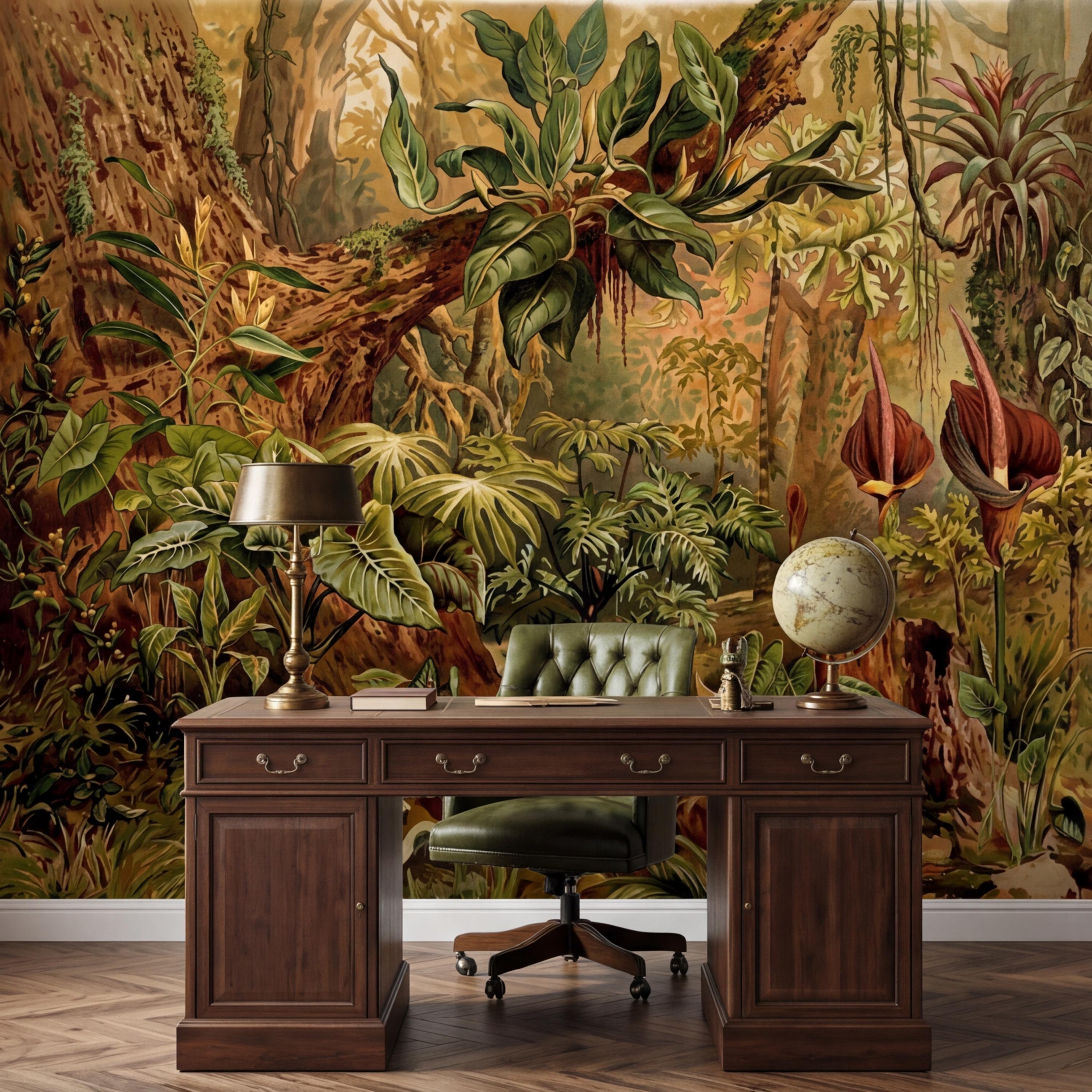 Vintage Tropical Jungle Peel and Stick Wall Mural, Lush Botanical Rainforest with Exotic Plants, Antique Style Nature Wallpaper