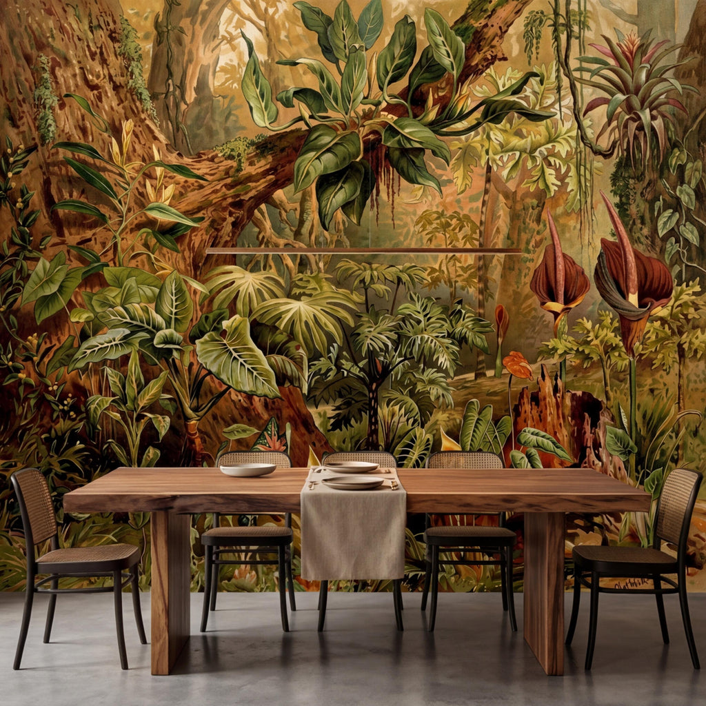 Vintage Tropical Jungle Peel and Stick Wall Mural, Lush Botanical Rainforest with Exotic Plants, Antique Style Nature Wallpaper