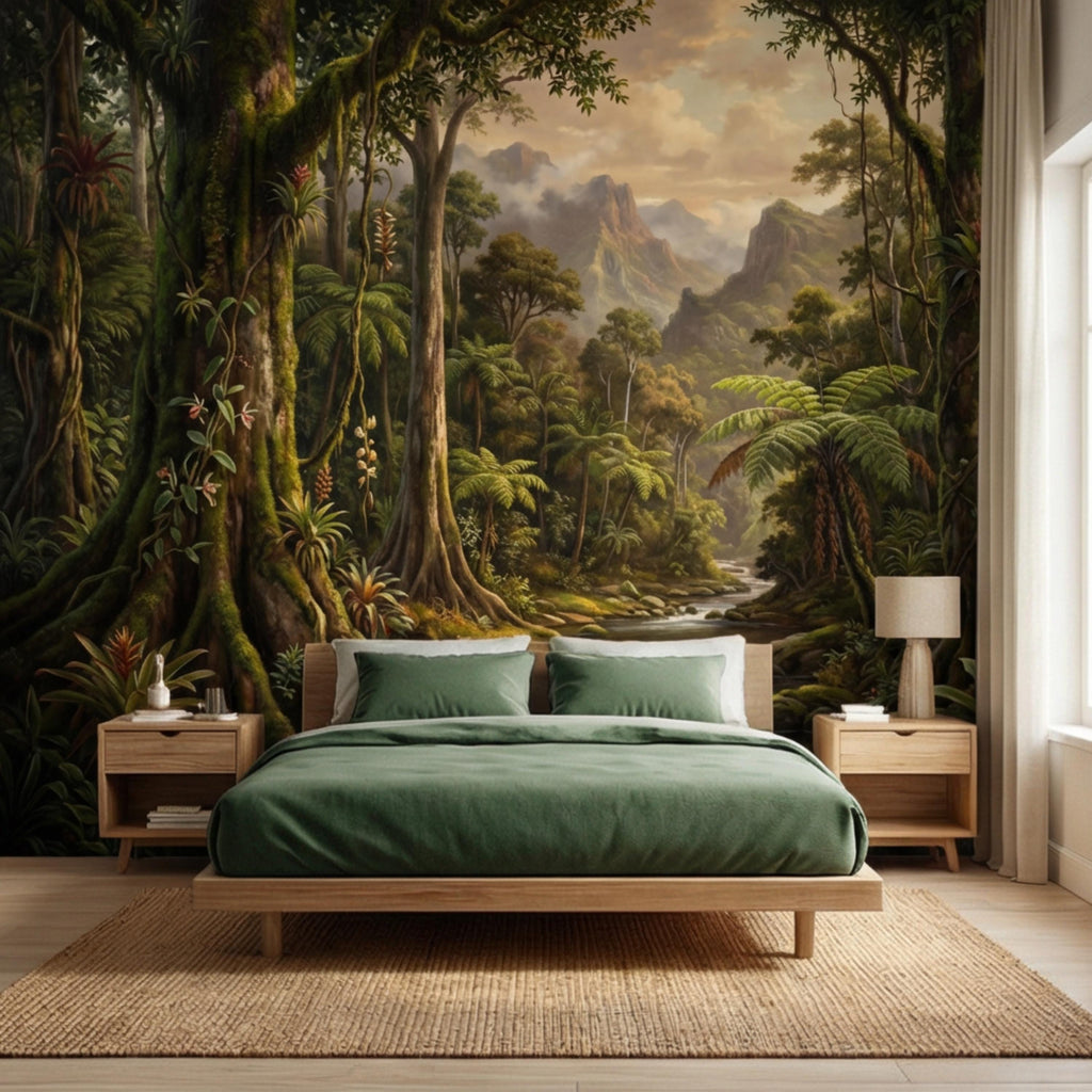 Vintage Tropical Rainforest Landscape Peel and Stick Wall Mural, Lush Jungle Forest with River and Mountains, Exotic Botanical Wallpaper