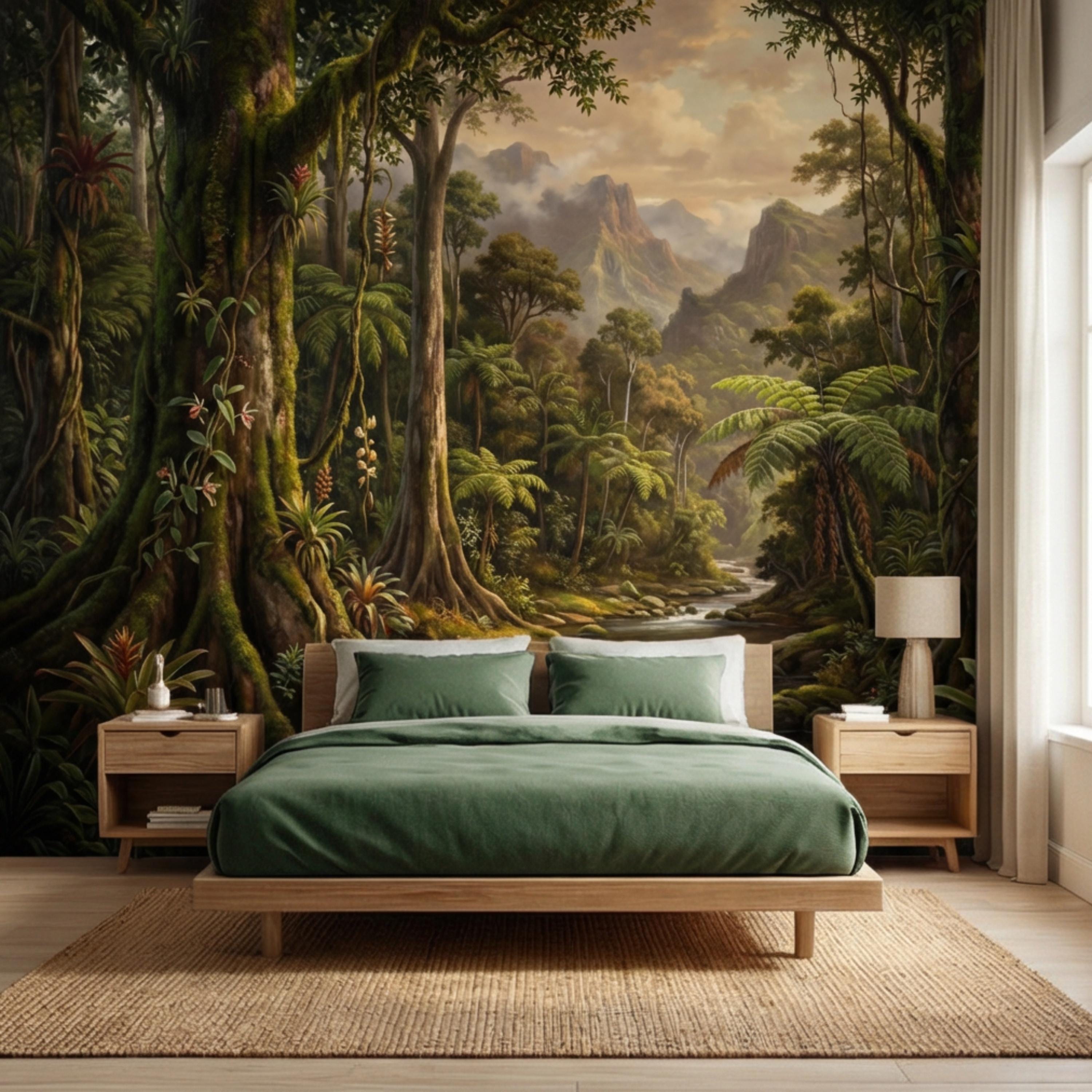 Vintage Tropical Rainforest Landscape Peel and Stick Wall Mural, Lush Jungle Forest with River and Mountains, Exotic Botanical Wallpaper