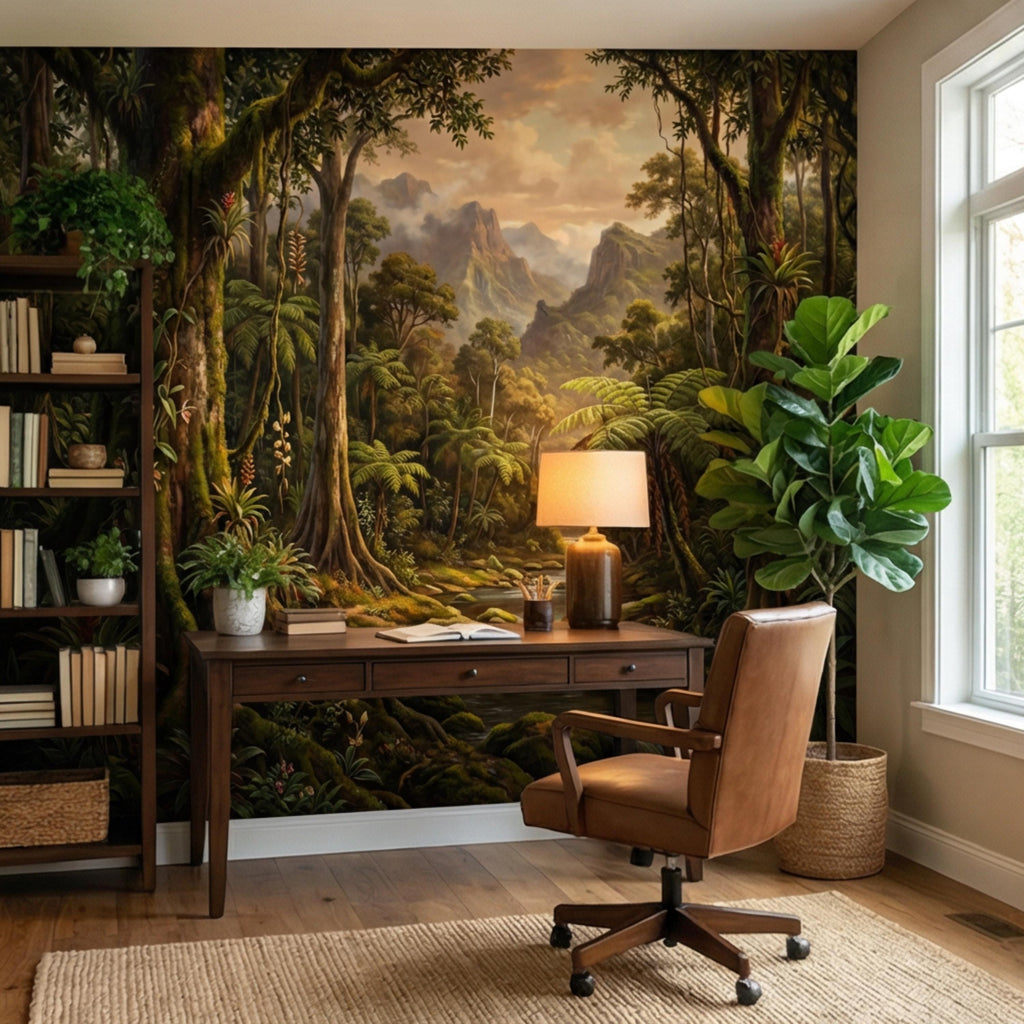 Vintage Tropical Rainforest Landscape Peel and Stick Wall Mural, Lush Jungle Forest with River and Mountains, Exotic Botanical Wallpaper