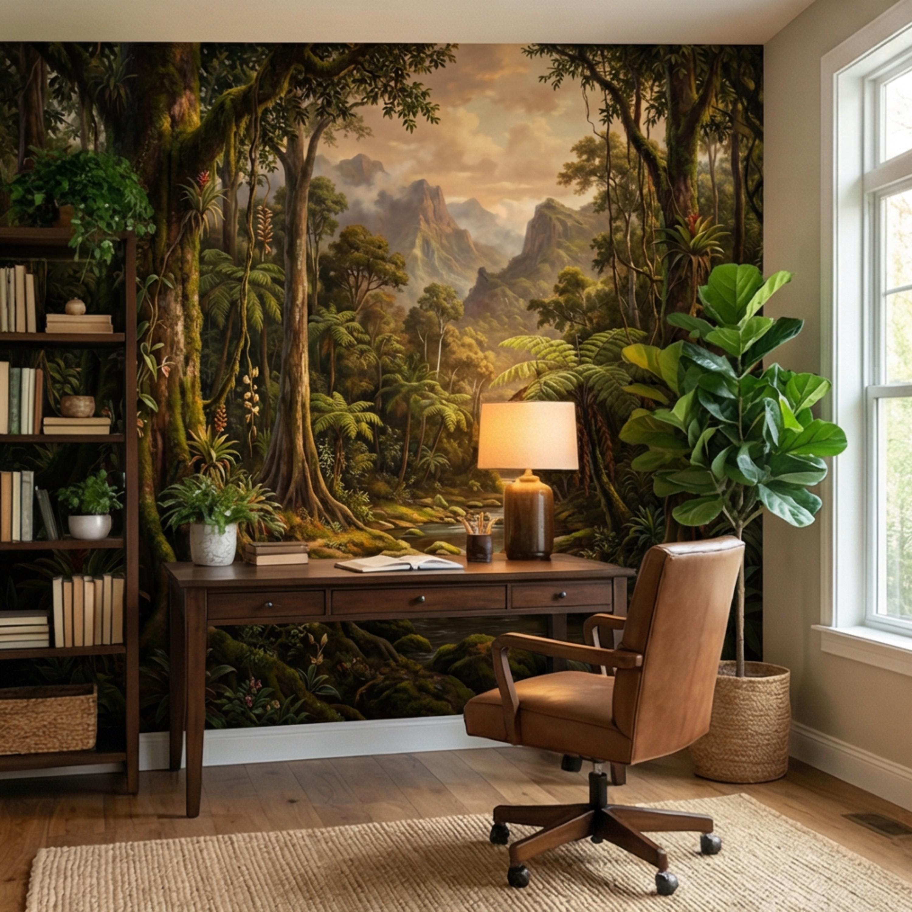 Vintage Tropical Rainforest Landscape Peel and Stick Wall Mural, Lush Jungle Forest with River and Mountains, Exotic Botanical Wallpaper