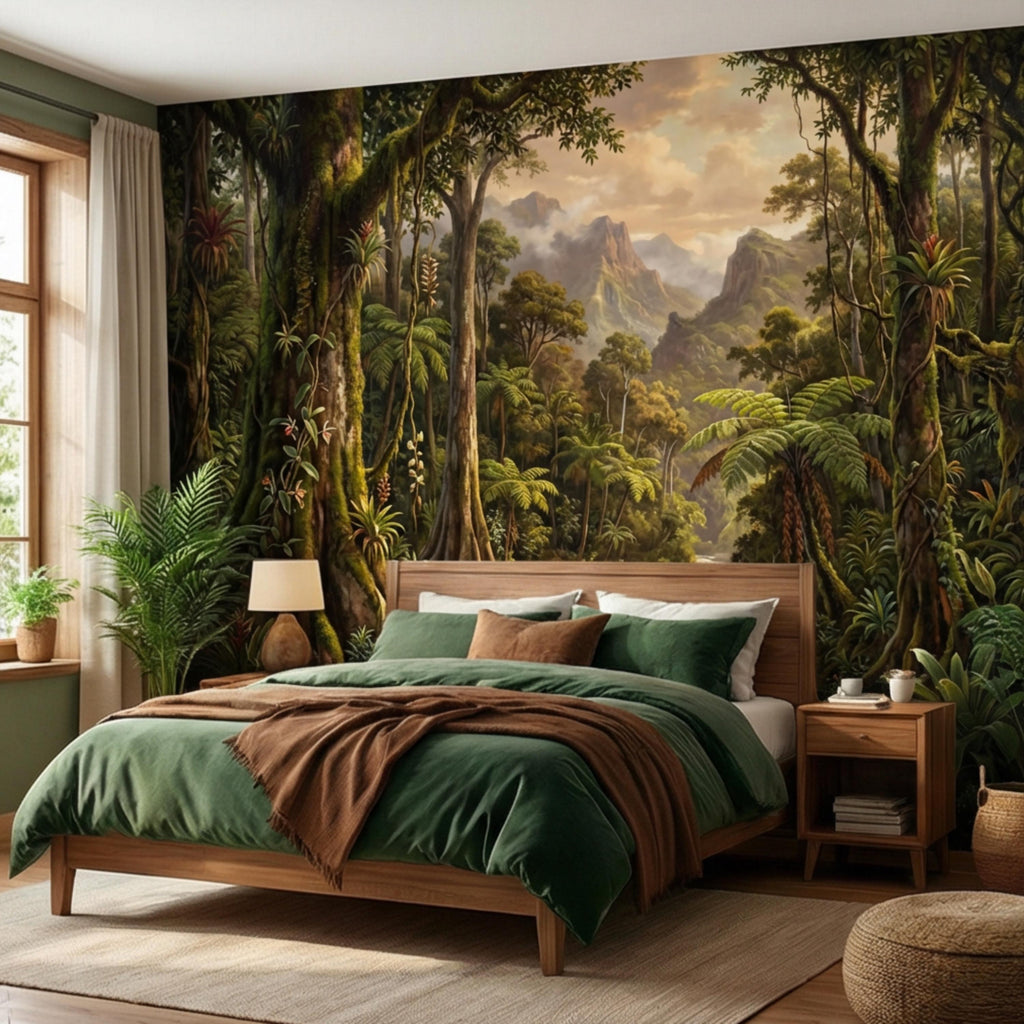 Vintage Tropical Rainforest Landscape Peel and Stick Wall Mural, Lush Jungle Forest with River and Mountains, Exotic Botanical Wallpaper