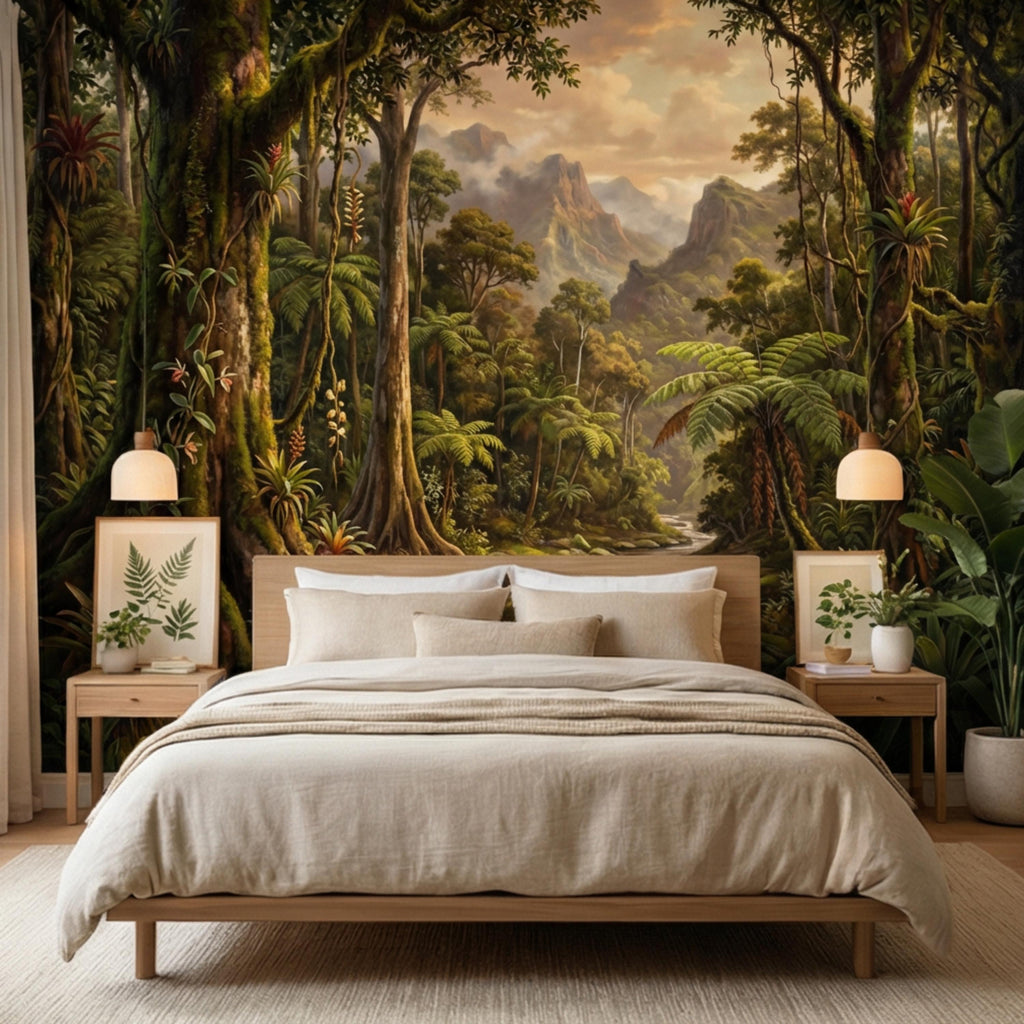Vintage Tropical Rainforest Landscape Peel and Stick Wall Mural, Lush Jungle Forest with River and Mountains, Exotic Botanical Wallpaper