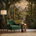 Vintage Tropical Rainforest Landscape Peel and Stick Wall Mural, Lush Jungle Forest with River and Mountains, Exotic Botanical Wallpaper