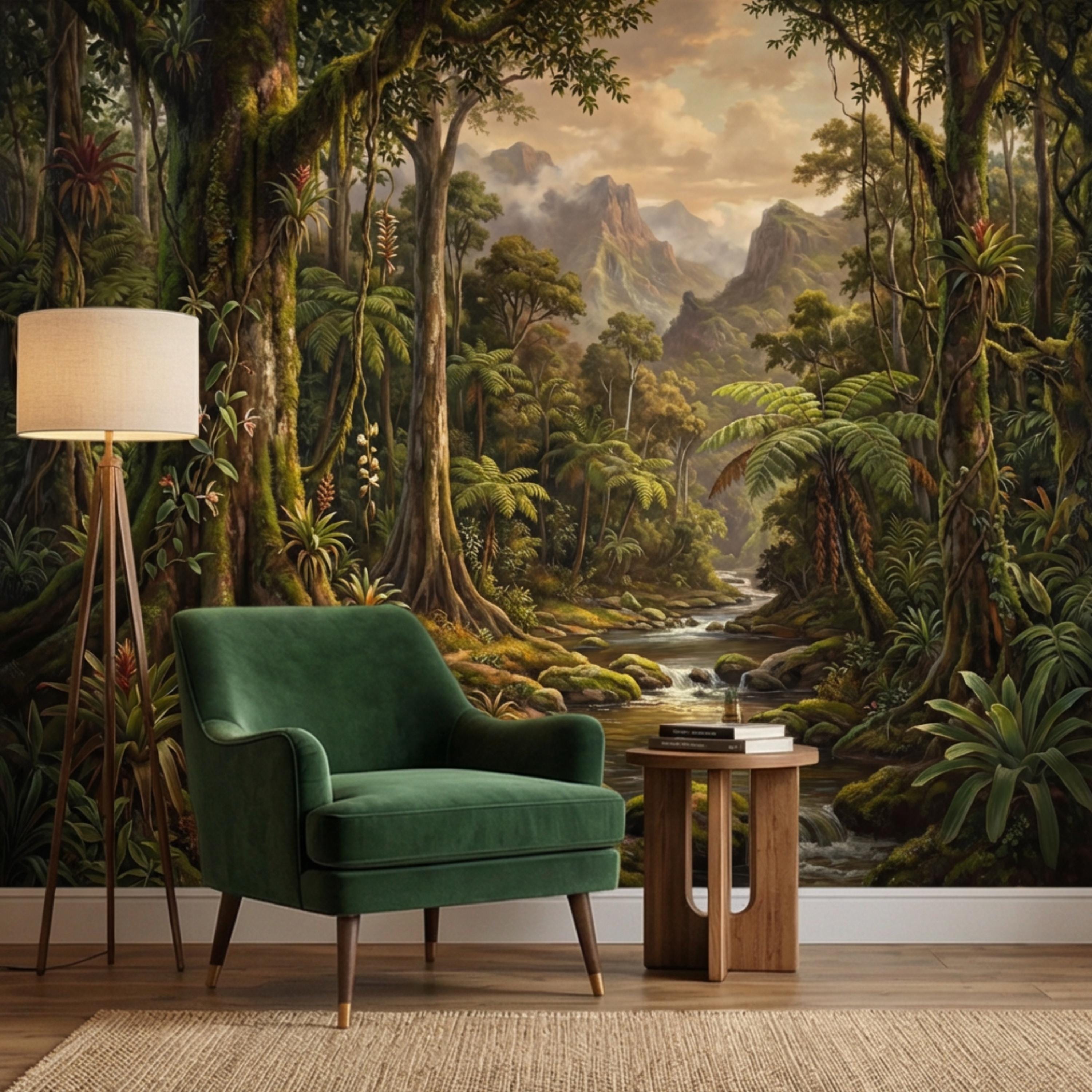 Vintage Tropical Rainforest Landscape Peel and Stick Wall Mural, Lush Jungle Forest with River and Mountains, Exotic Botanical Wallpaper