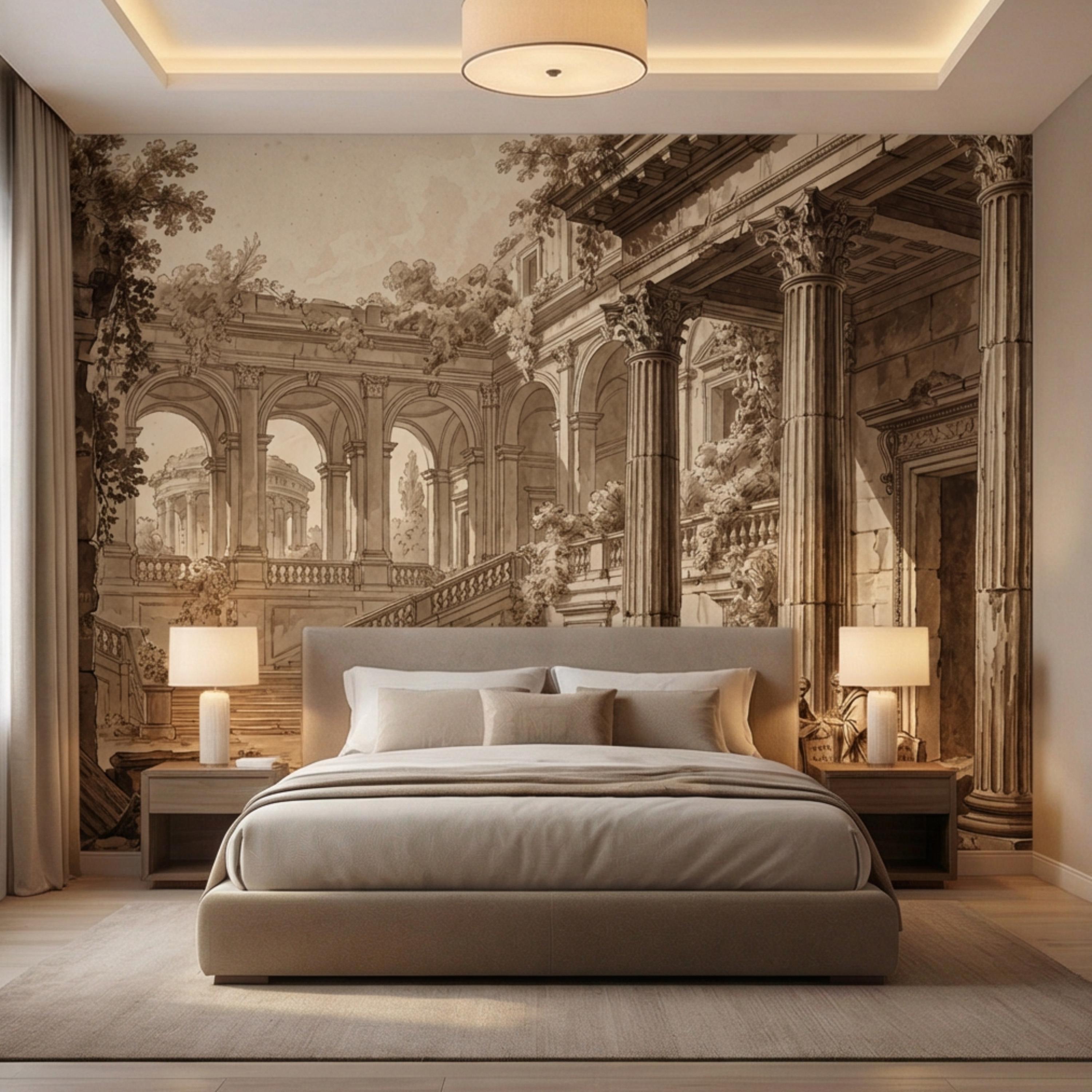 Vintage Roman Ruins Peel and Stick Wall Mural, Classical Architecture Columns and Arches Landscape, Antique Sepia Engraving Wallpaper