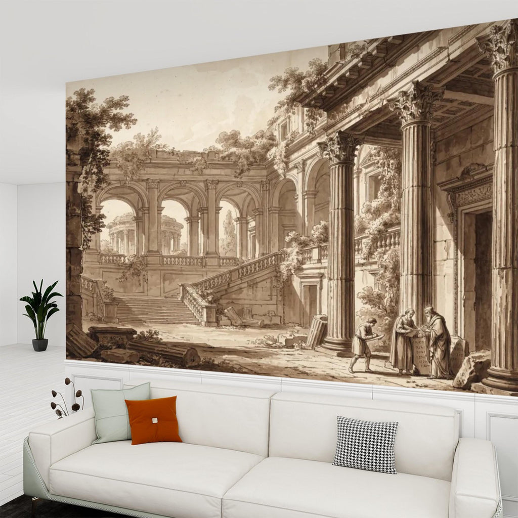 Vintage Roman Ruins Peel and Stick Wall Mural, Classical Architecture Columns and Arches Landscape, Antique Sepia Engraving Wallpaper