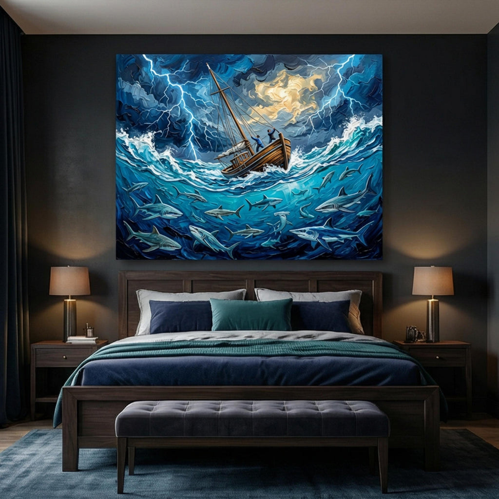 Stormy Sea Shark Oil Painting Peel and Stick Wall Mural, Dramatic Lightning Ocean Boat Art Wallpaper, Nautical Adventure Coastal Wall Decor