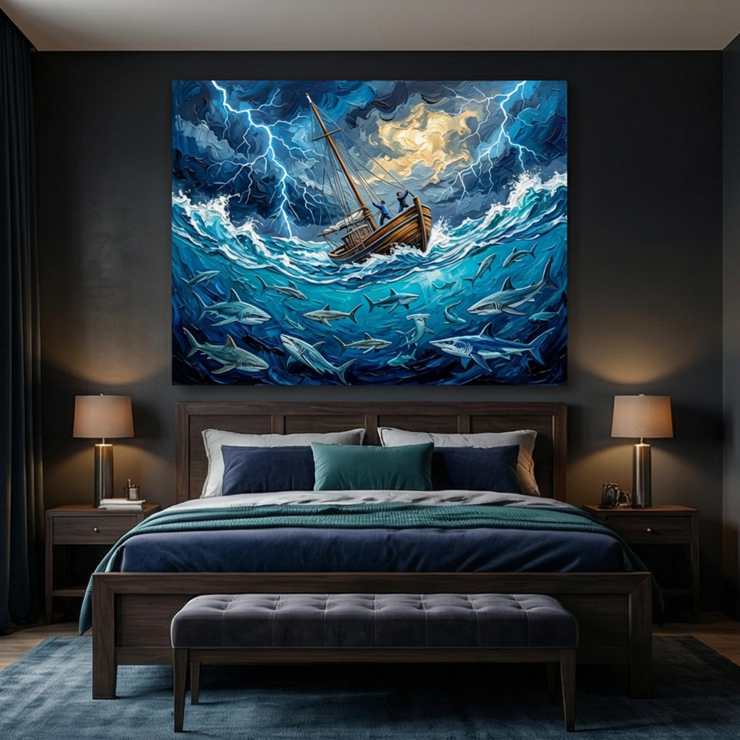 Stormy Sea Shark Oil Painting Peel and Stick Wall Mural, Dramatic Lightning Ocean Boat Art Wallpaper, Nautical Adventure Coastal Wall Decor