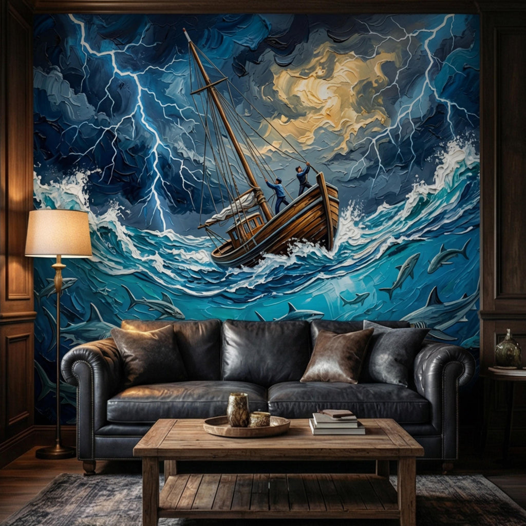 Stormy Sea Shark Oil Painting Peel and Stick Wall Mural, Dramatic Lightning Ocean Boat Art Wallpaper, Nautical Adventure Coastal Wall Decor