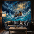 Stormy Sea Shark Oil Painting Peel and Stick Wall Mural, Dramatic Lightning Ocean Boat Art Wallpaper, Nautical Adventure Coastal Wall Decor