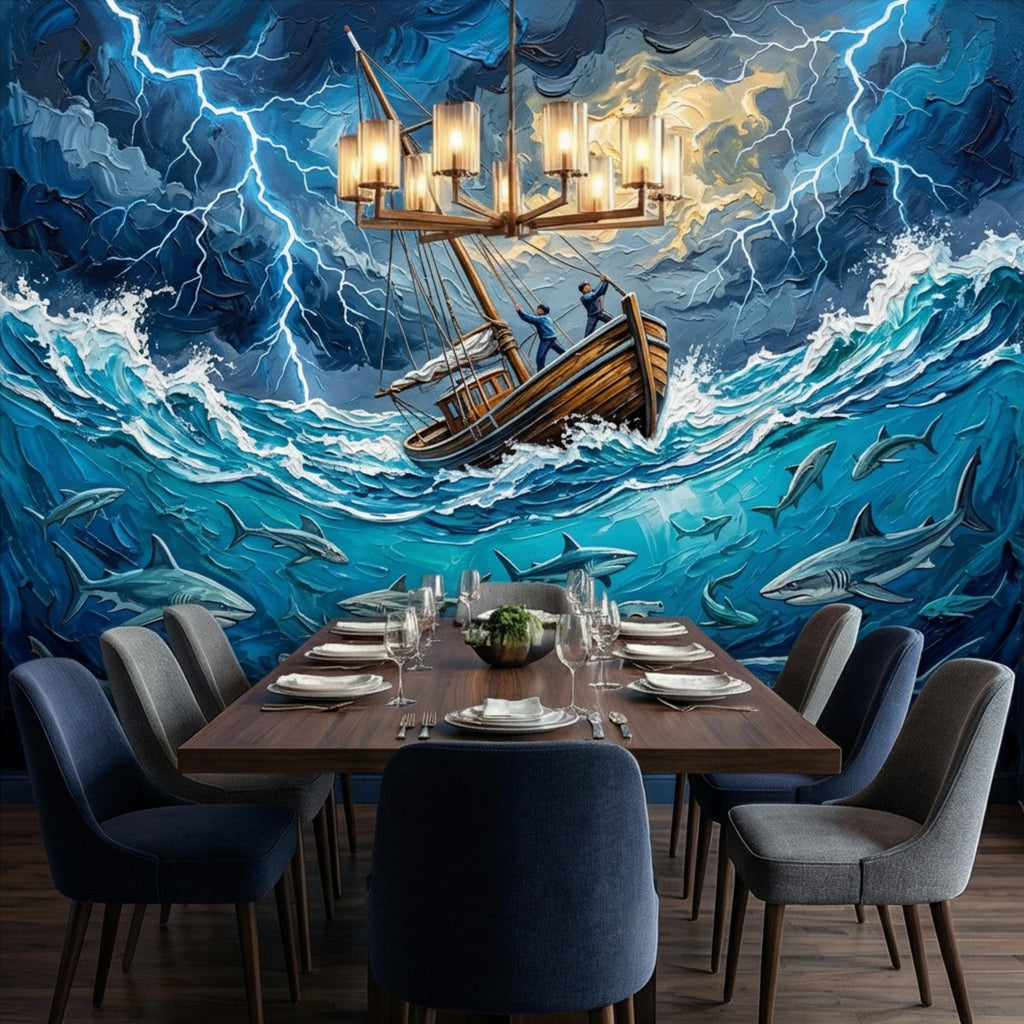 Stormy Sea Shark Oil Painting Peel and Stick Wall Mural, Dramatic Lightning Ocean Boat Art Wallpaper, Nautical Adventure Coastal Wall Decor