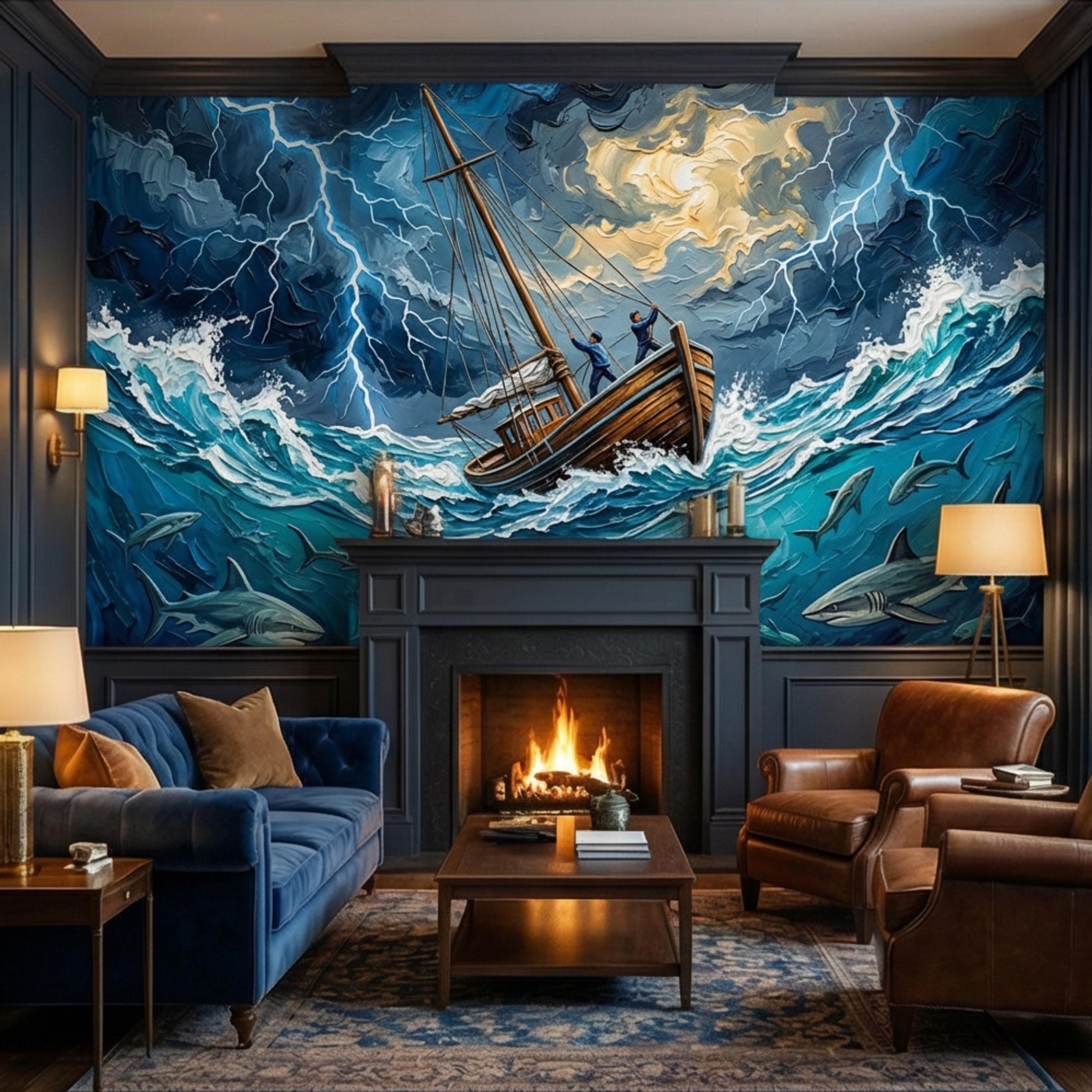 Stormy Sea Shark Oil Painting Peel and Stick Wall Mural, Dramatic Lightning Ocean Boat Art Wallpaper, Nautical Adventure Coastal Wall Decor