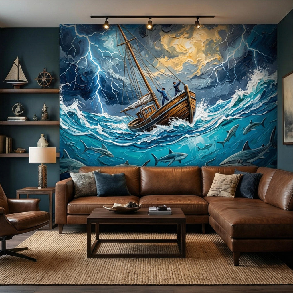 Stormy Sea Shark Oil Painting Peel and Stick Wall Mural, Dramatic Lightning Ocean Boat Art Wallpaper, Nautical Adventure Coastal Wall Decor