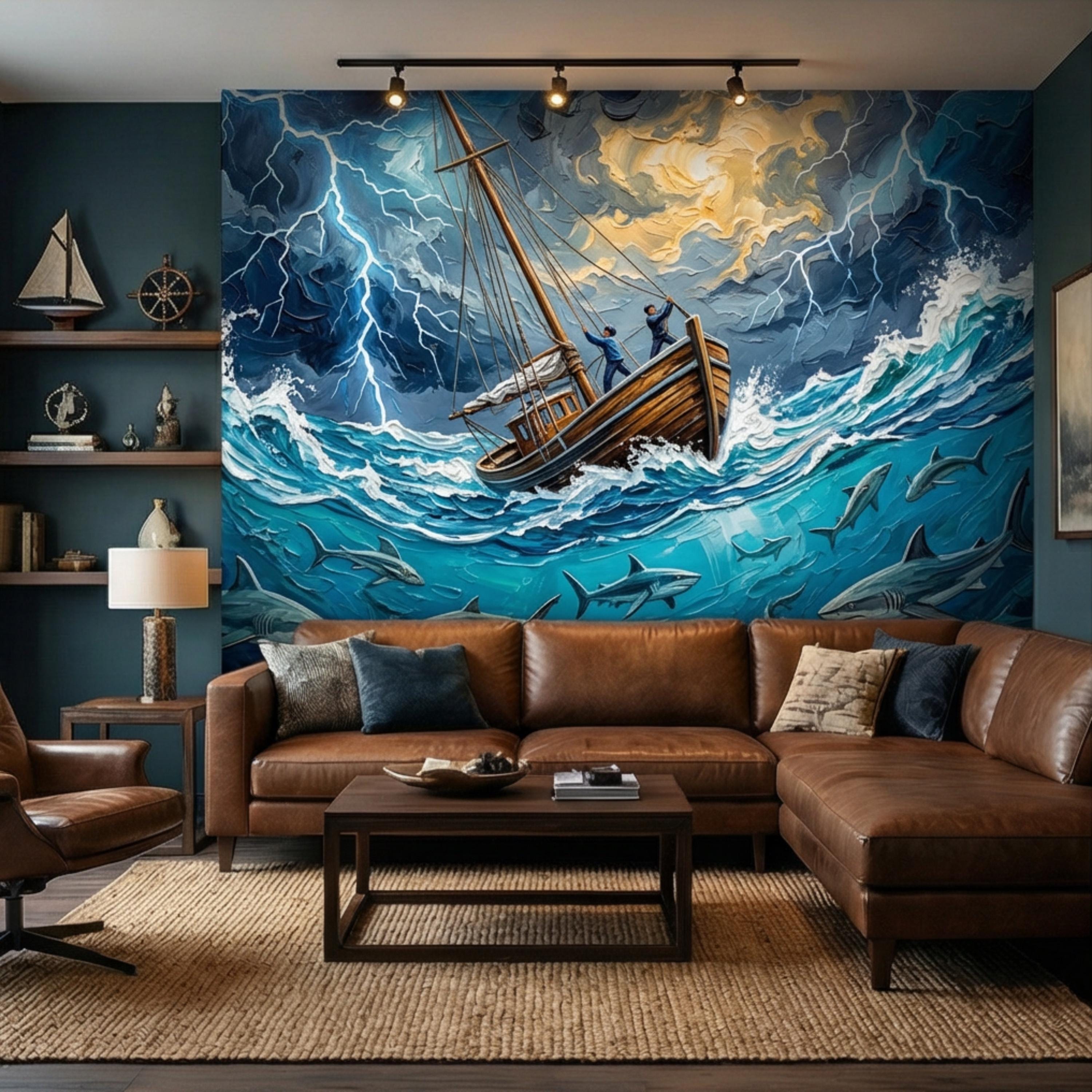 Stormy Sea Shark Oil Painting Peel and Stick Wall Mural, Dramatic Lightning Ocean Boat Art Wallpaper, Nautical Adventure Coastal Wall Decor