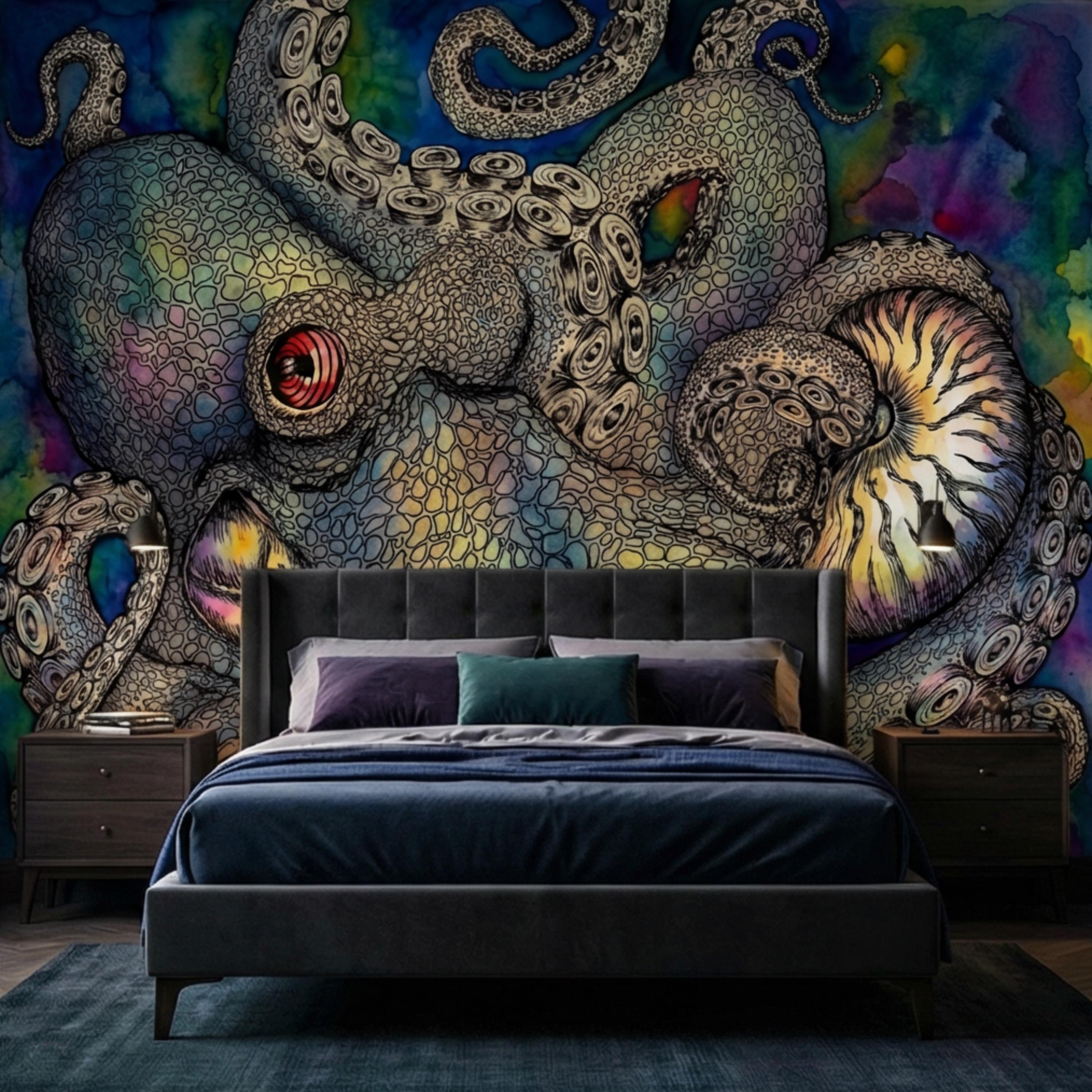 Majestic Octopus Peel and Stick Wall Mural, Colorful Abstract Marine Art Wallpaper, Bold Nautical Ocean Statement Wall Decor